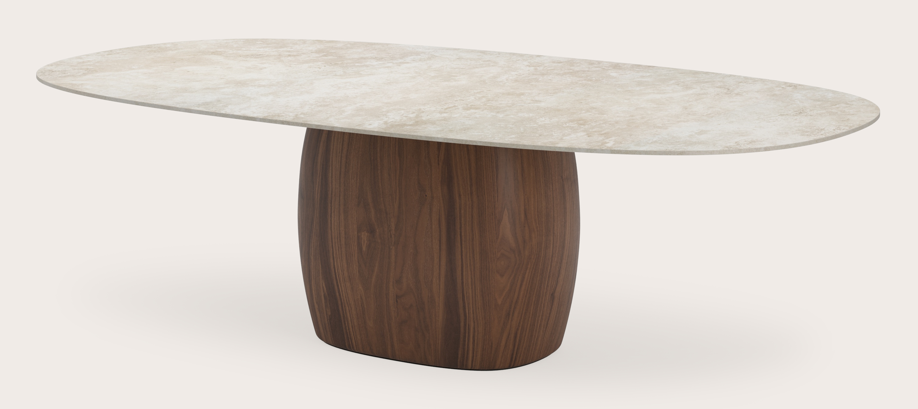 Table à manger Volanto armature en noyer avec plateau en forme stadium céramique Ceramo Lux en couleur Rapolano 220x140 cm