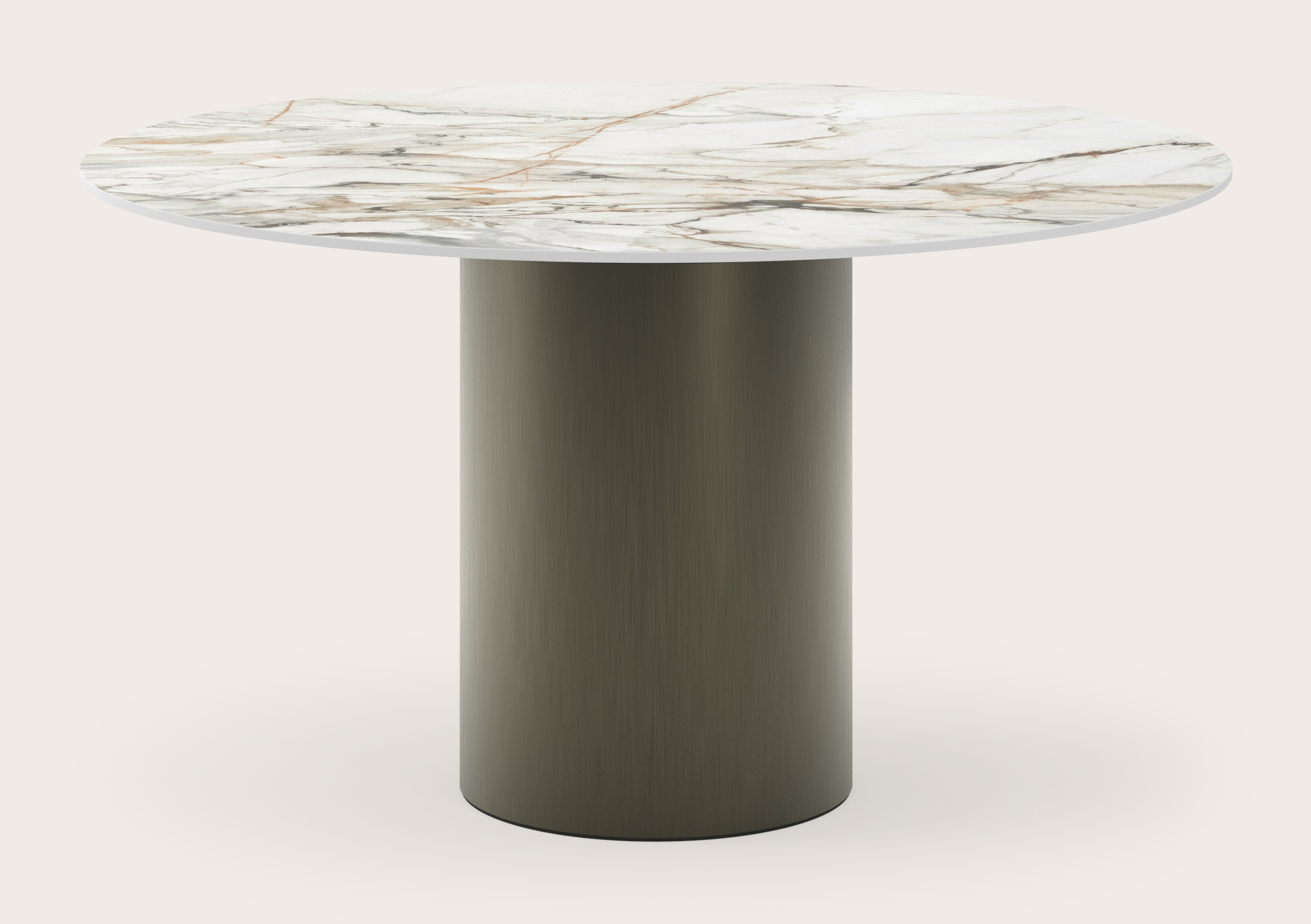 Eettafel Amato Rondo onderstel in bronskleurig metaal met rond volkeramisch Ceramo Lux eettafelblad in kleur  Calacatta Luxe Ø140 cm