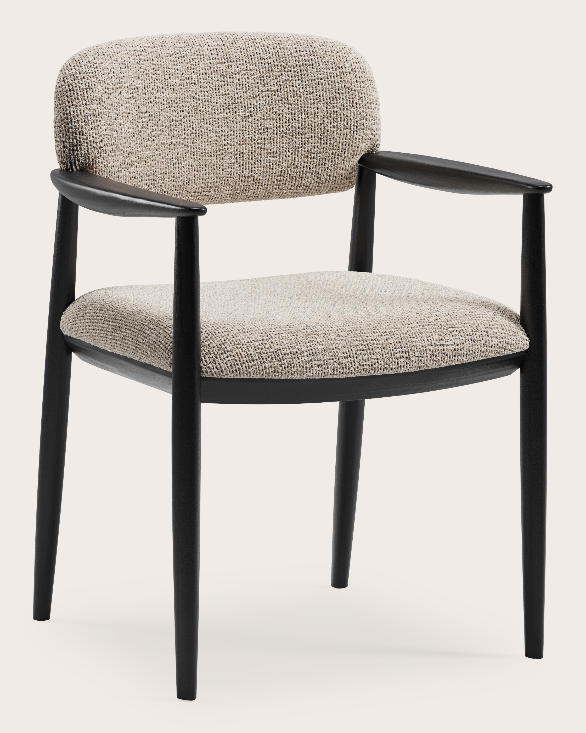 Levino armstoel in Fresco stof Natural met stoelpoot in zwarte eik