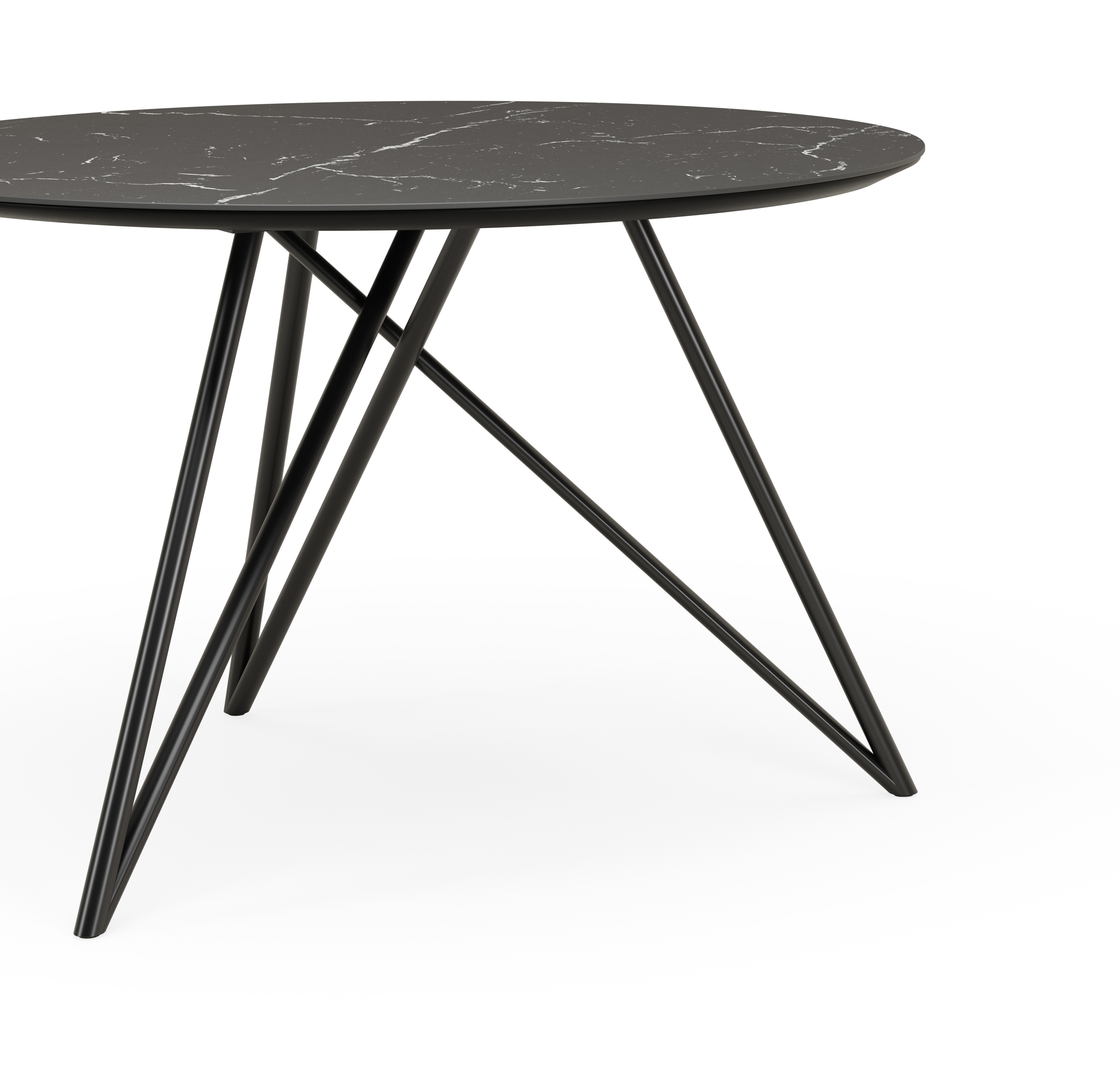 Eettafel Ragno onderstel in zwart metaal met rond volkeramisch Ceramo blad in kleur Nero Marquina Ø120 x 77 cm