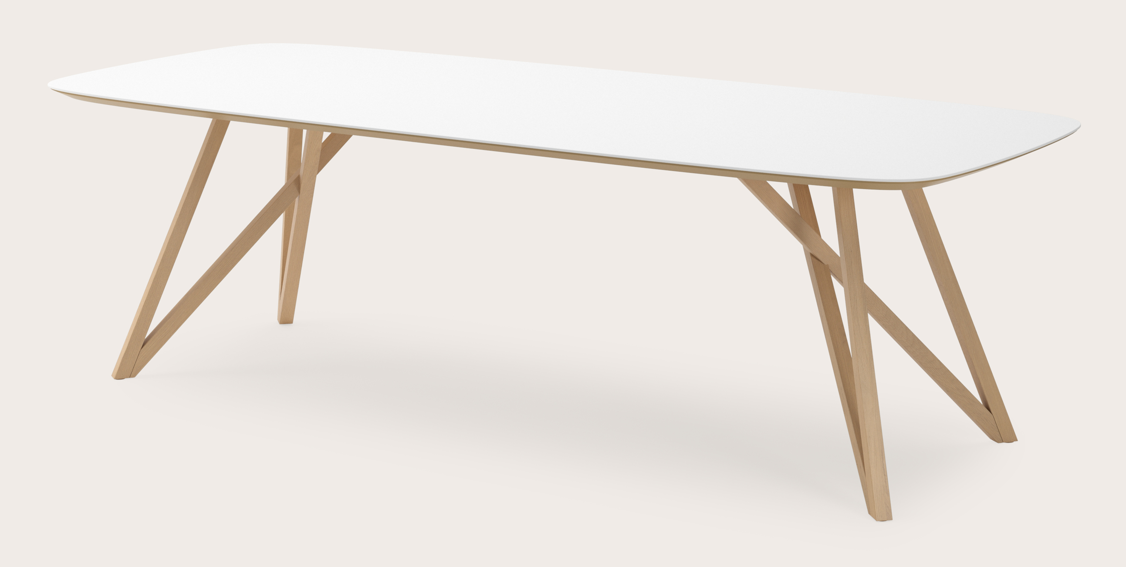 Eettafel Ragno onderstel in natuurkleurige eik met rechthoekig volkeramisch Ceramo blad in kleur Arctic White  x  x 77 cm