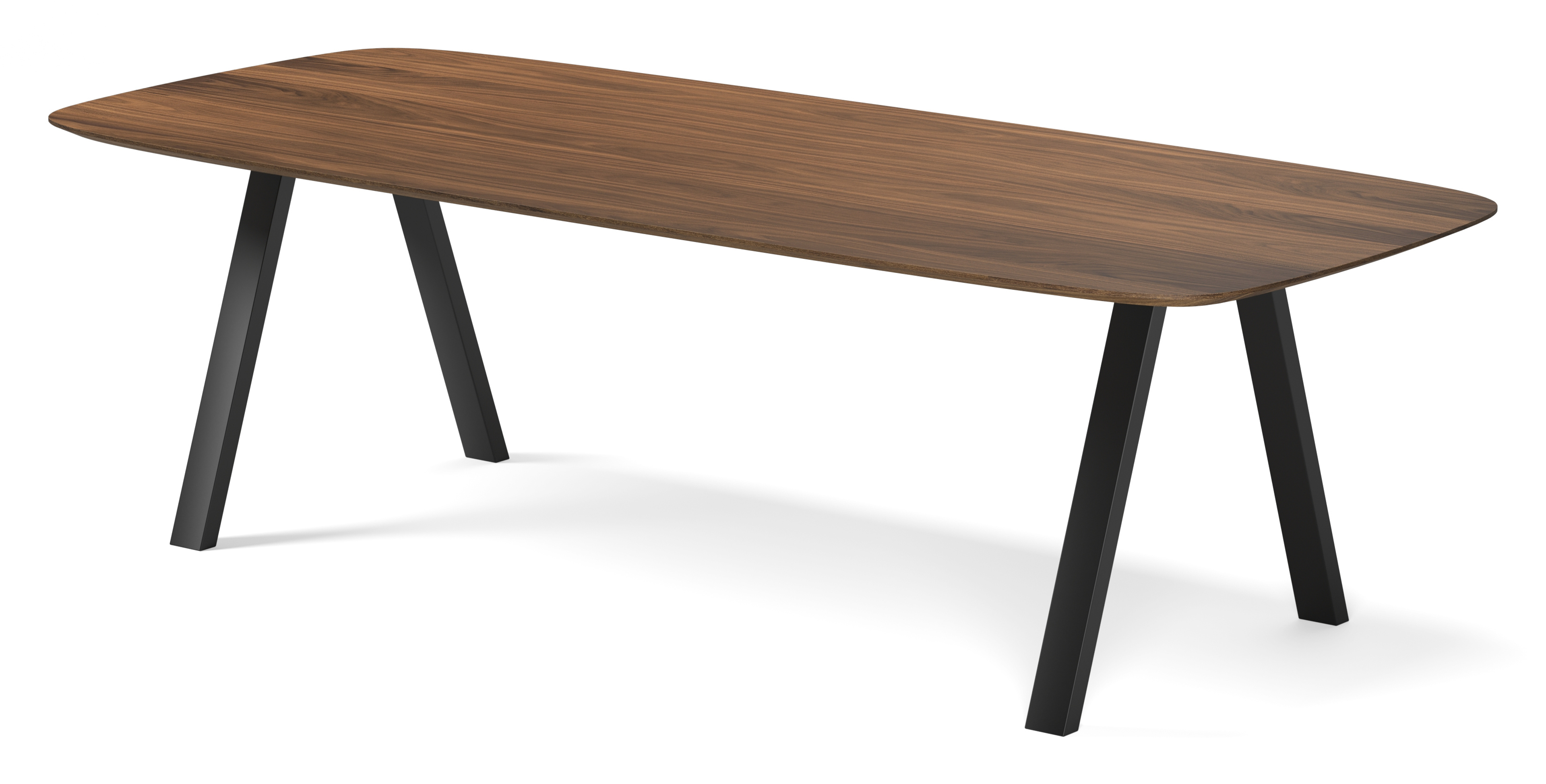 Eettafel Tiendo onderstel in zwart metaal met bootvormig Finesso blad in walnoot 260 x 110 x 77 cm