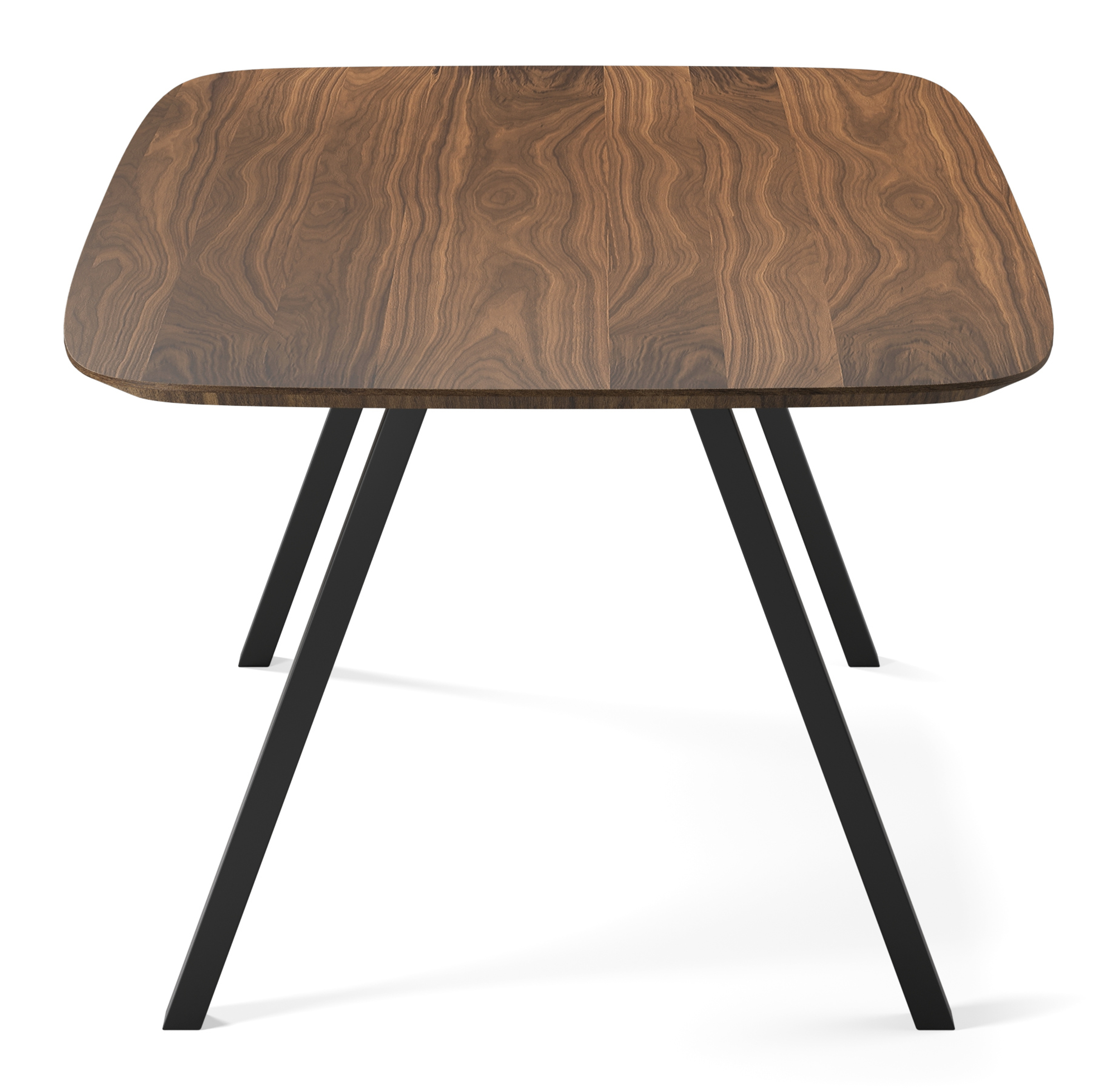 Eettafel Tiendo onderstel in zwart metaal met bootvormig Finesso blad in walnoot 260 x 110 x 77 cm