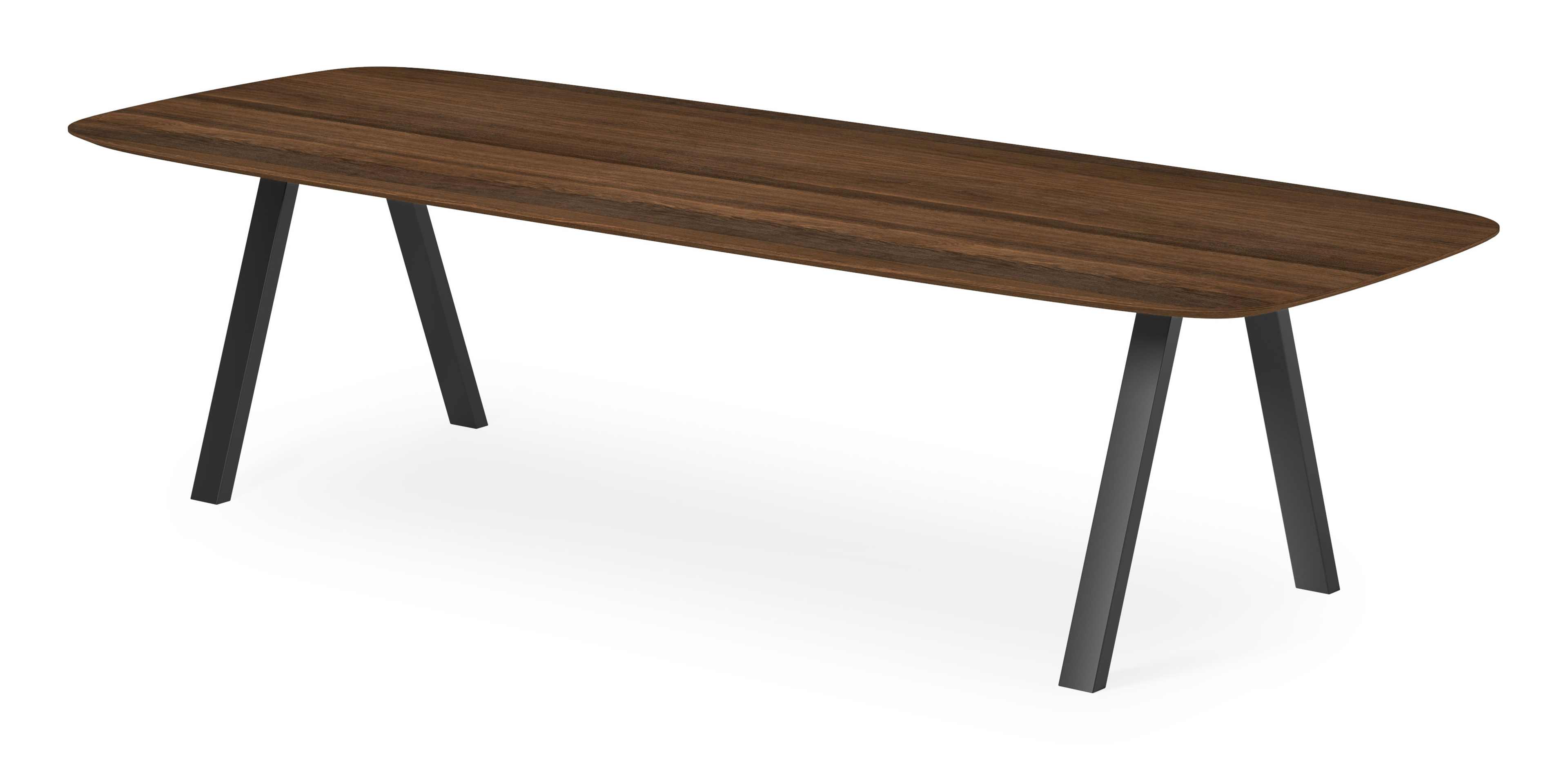 Eettafel Tiendo onderstel in zwart metaal  met bootvormig Finesso blad in gerookte eik 300 x 115 x 77 cm