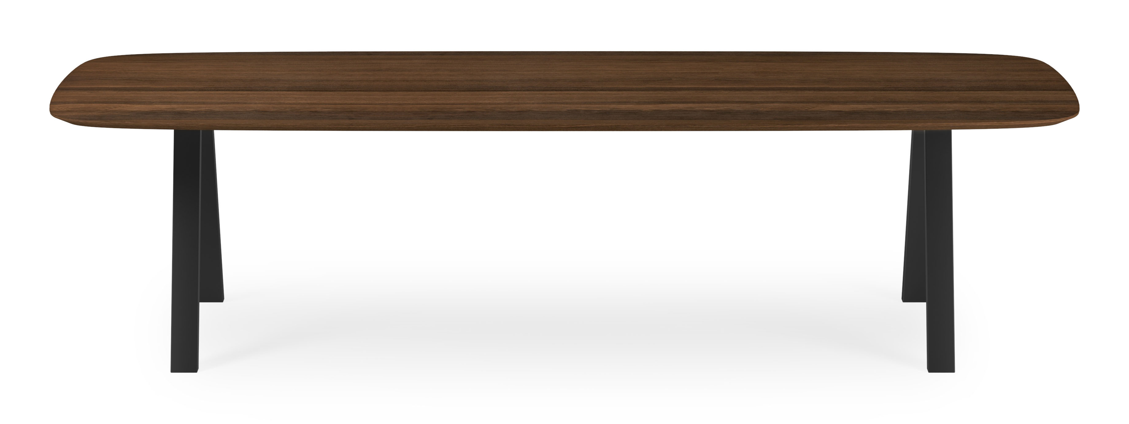 Eettafel Tiendo onderstel in zwart metaal  met bootvormig Finesso blad in gerookte eik 300 x 115 x 77 cm