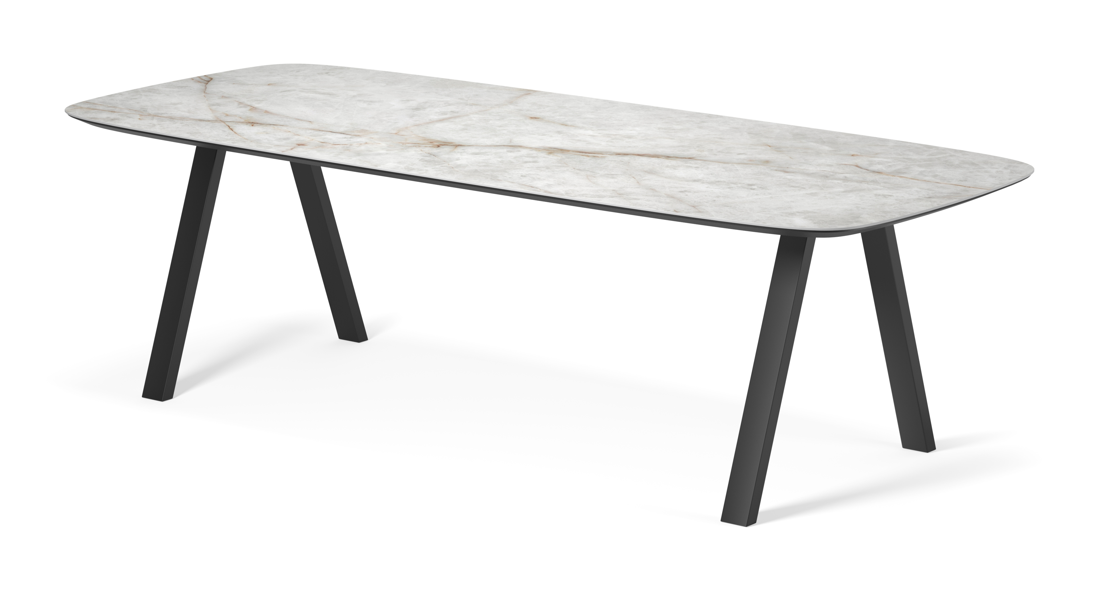 Eettafel Tiendo onderstel in zwart metaal met bootvormig volkeramisch Ceramo blad in kleur Himalaya 260 x 110 x 77