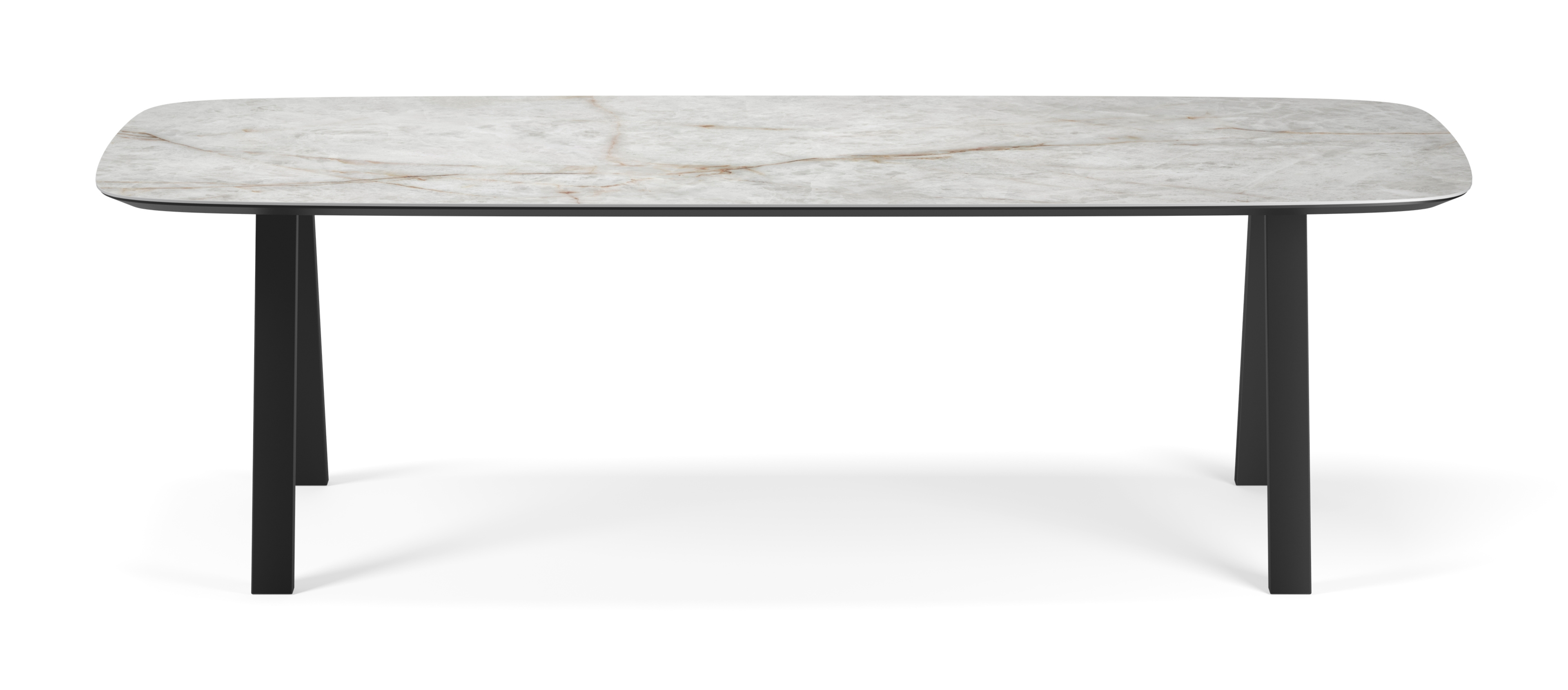 Eettafel Tiendo onderstel in zwart metaal met bootvormig volkeramisch Ceramo blad in kleur Himalaya 260 x 110 x 77