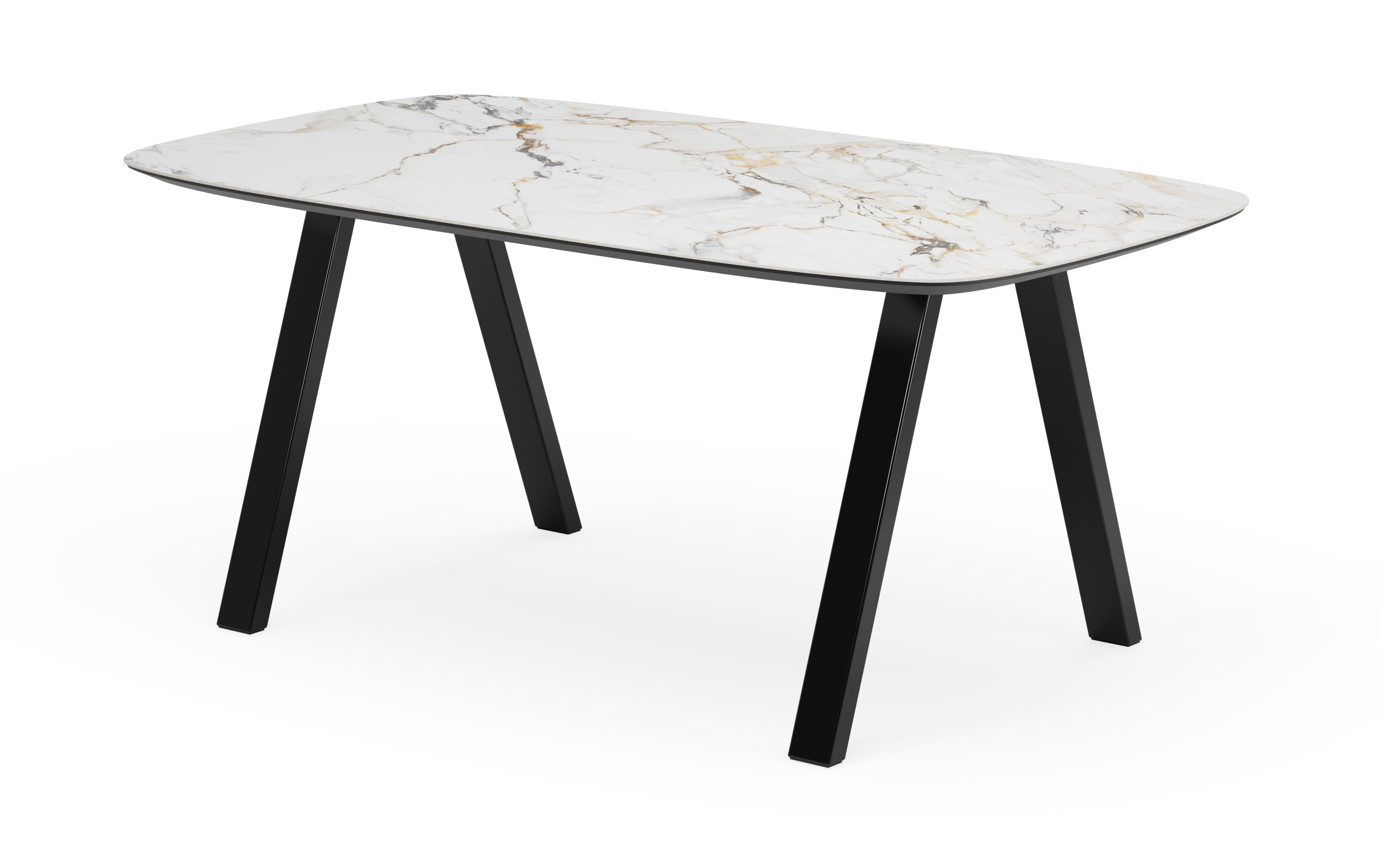 Eettafel Tiendo onderstel in zwart metaal met bootvormig volkeramisch Ceramo blad in kleur Calacatta Luxe 180 x 100 x 77 cm