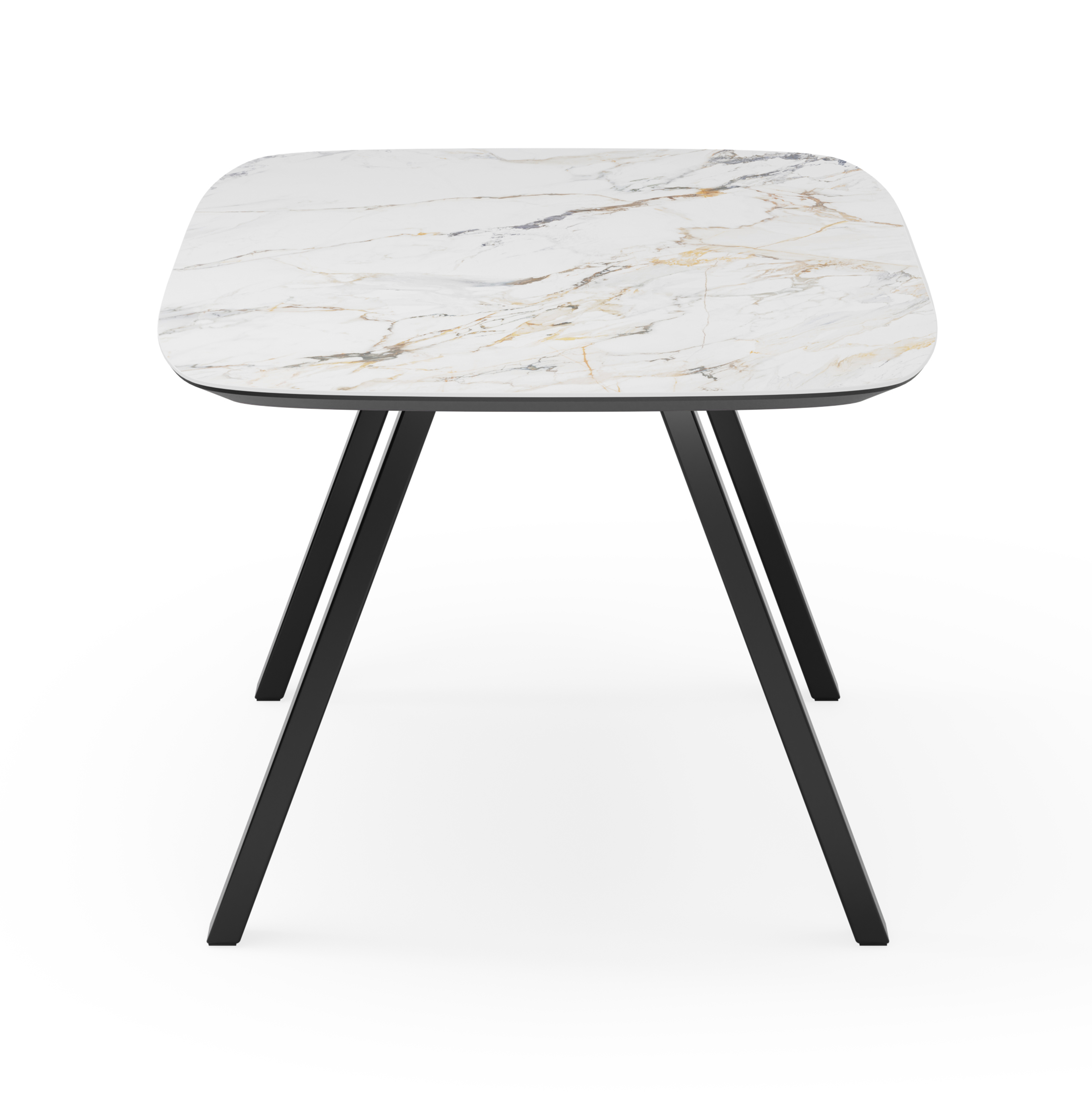 Eettafel Tiendo onderstel in zwart metaal met bootvormig volkeramisch Ceramo blad in kleur Calacatta Luxe 180 x 100 x 77 cm