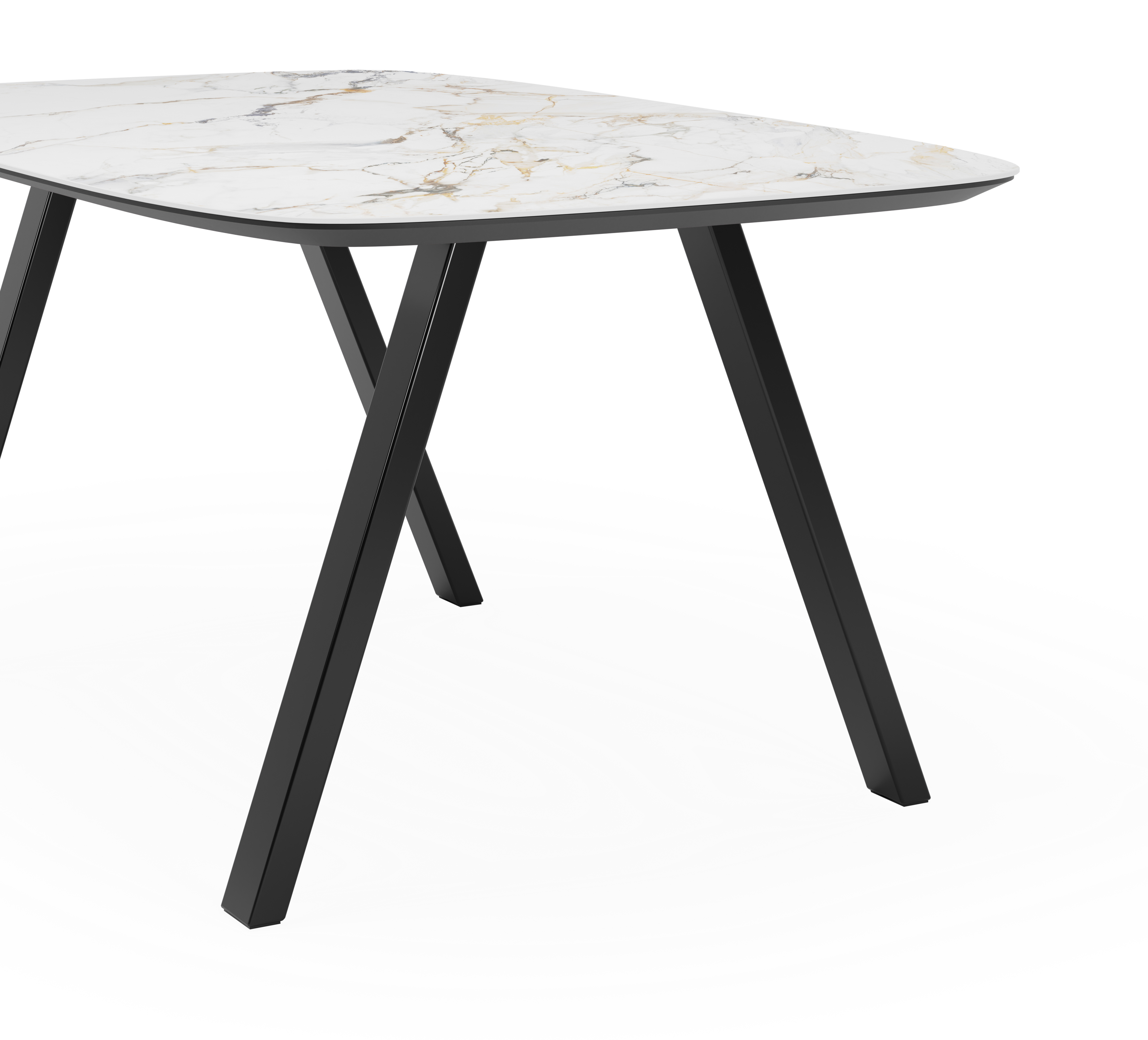 Eettafel Tiendo onderstel in zwart metaal met bootvormig volkeramisch Ceramo blad in kleur Calacatta Luxe 180 x 100 x 77 cm