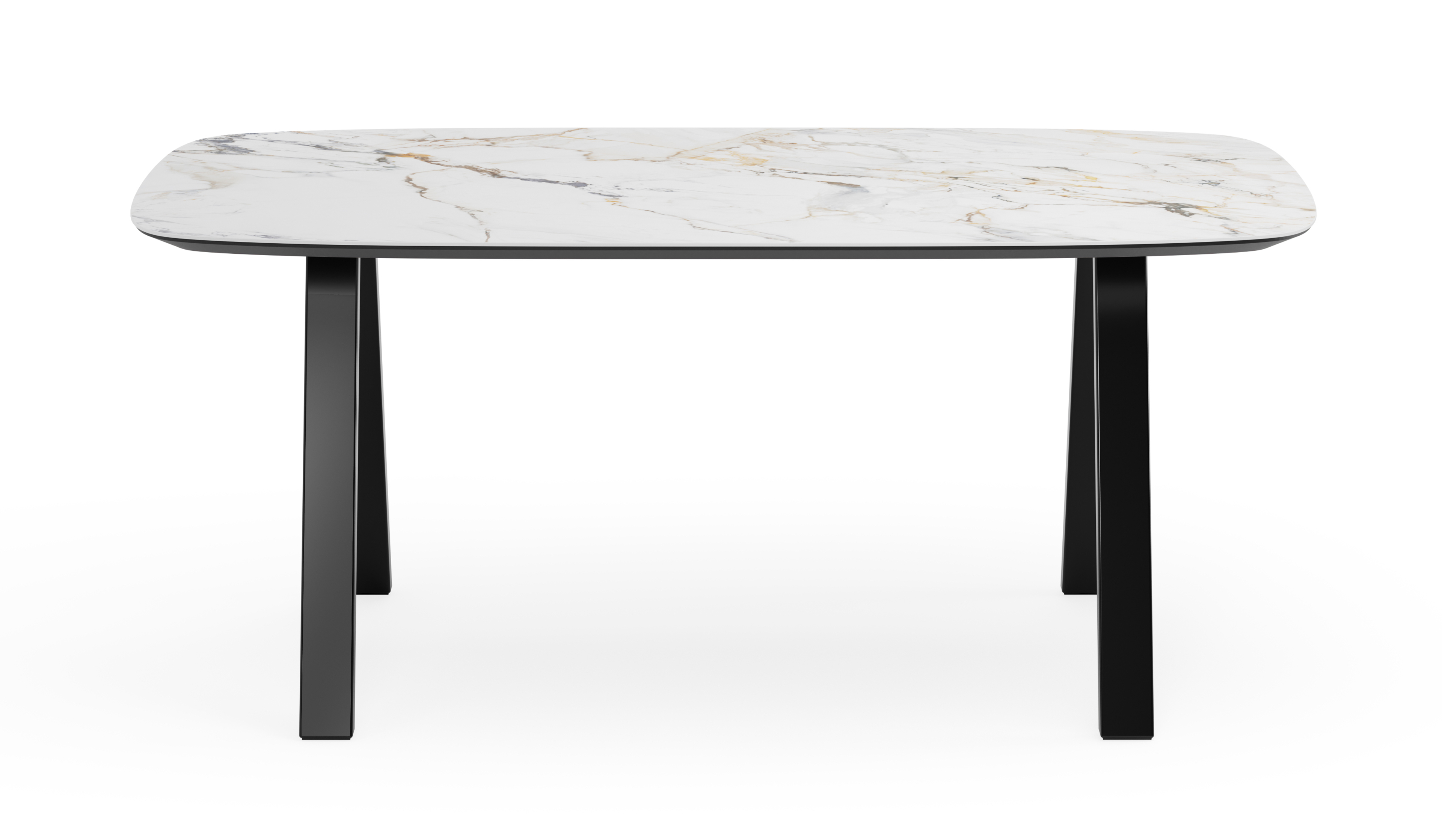 Eettafel Tiendo onderstel in zwart metaal met bootvormig volkeramisch Ceramo blad in kleur Calacatta Luxe 180 x 100 x 77 cm