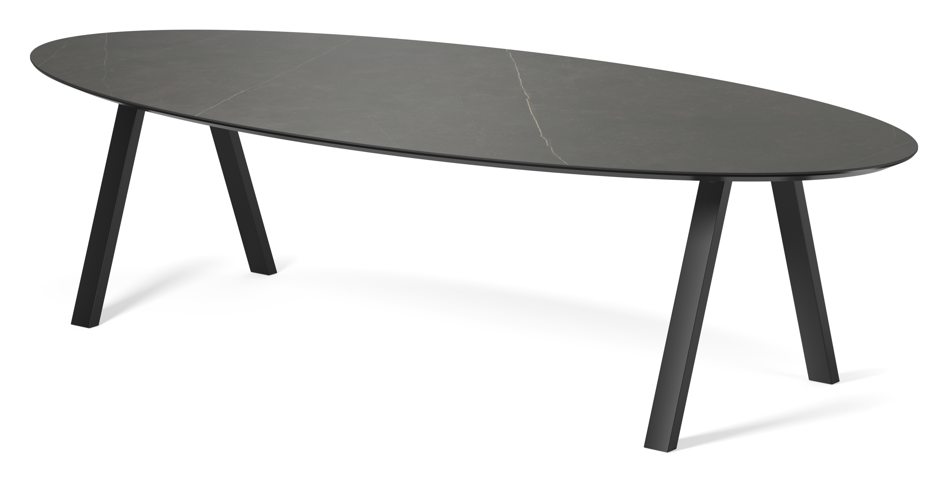 Table de salle à manger Tiendo armature en métal noir avec plateau Ceramo ovale en céramique en couleur Calatorao 300 x 140 x 77 cm