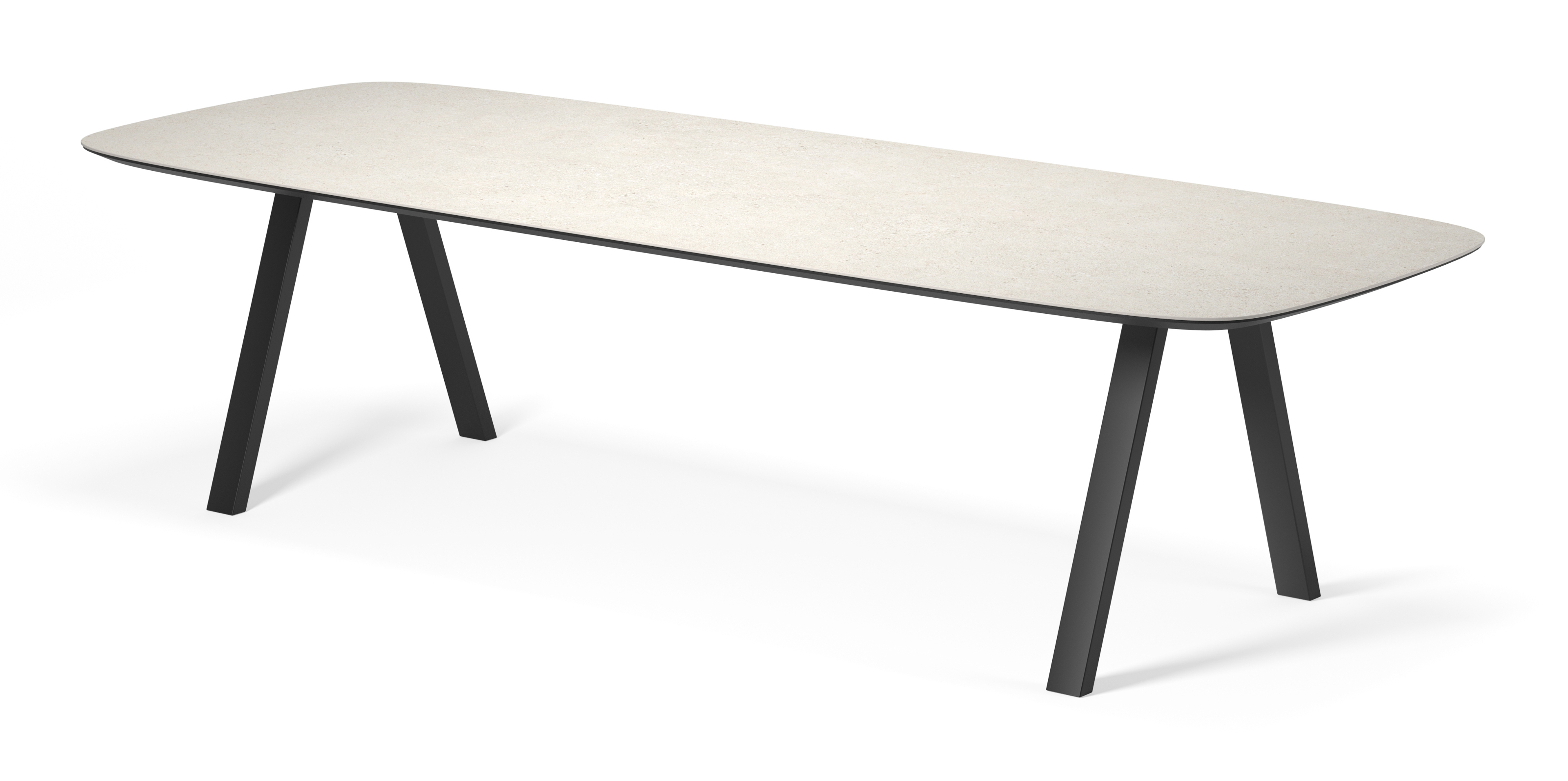 Eettafel Tiendo onderstel in zwart metaal met bootvormig volkeramisch Ceramo blad in kleur Shilin 300 x 115 x 77