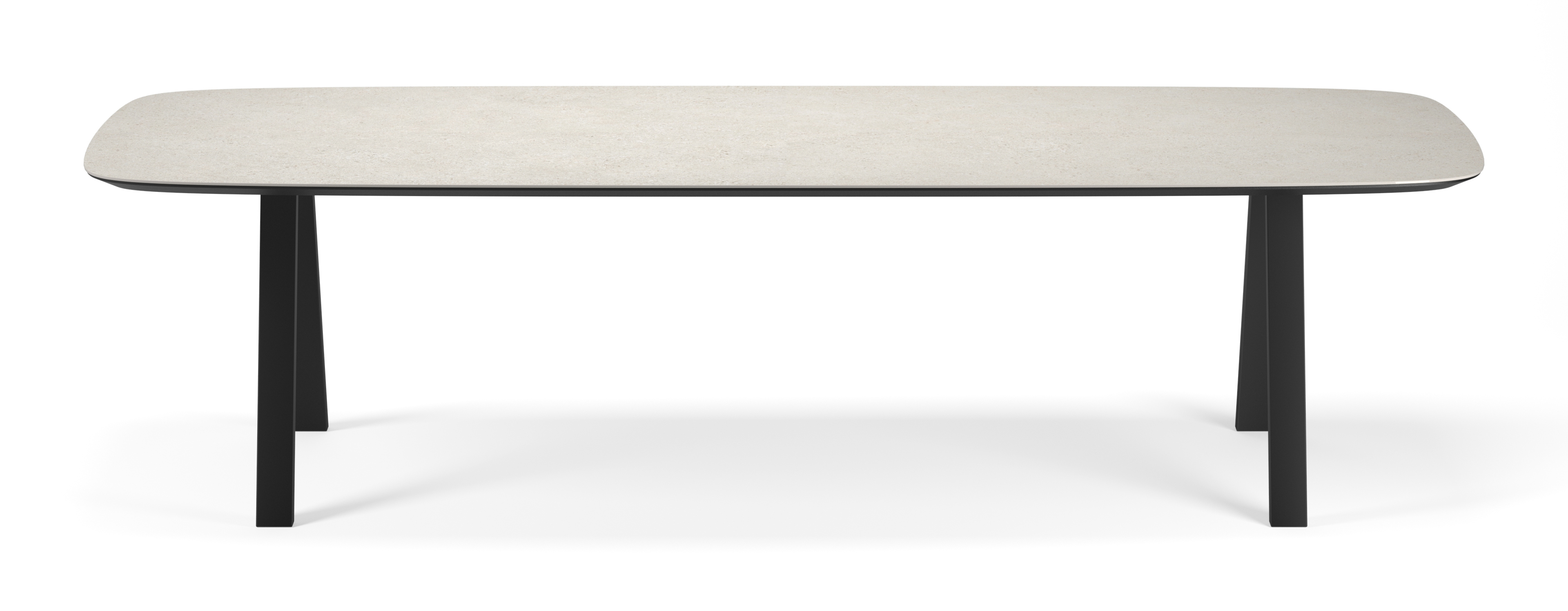 Eettafel Tiendo onderstel in zwart metaal met bootvormig volkeramisch Ceramo blad in kleur Shilin 300 x 115 x 77