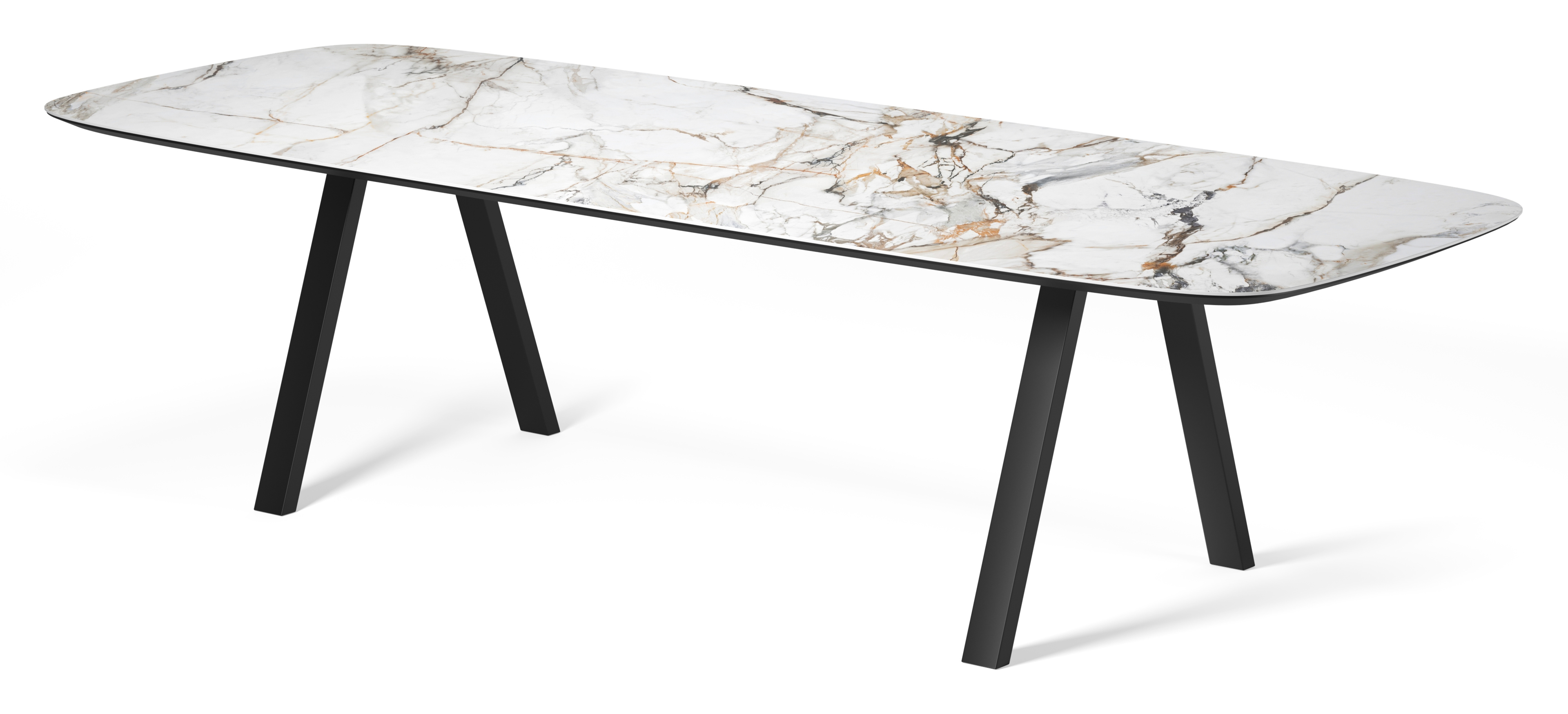 Eettafel Tiendo onderstel in zwart metaal met bootvormig volkeramisch Ceramo blad in kleur Calacatta Luxe 300 x 115 x 77 cm