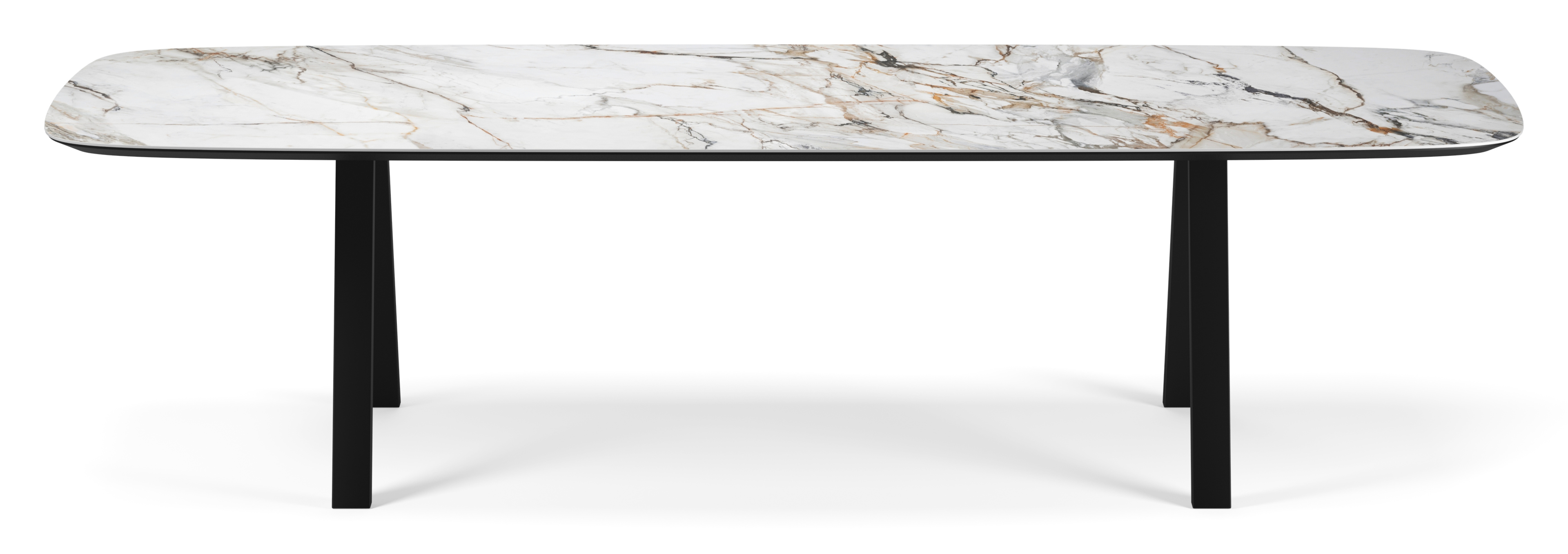 Eettafel Tiendo onderstel in zwart metaal met bootvormig volkeramisch Ceramo blad in kleur Calacatta Luxe 300 x 115 x 77 cm