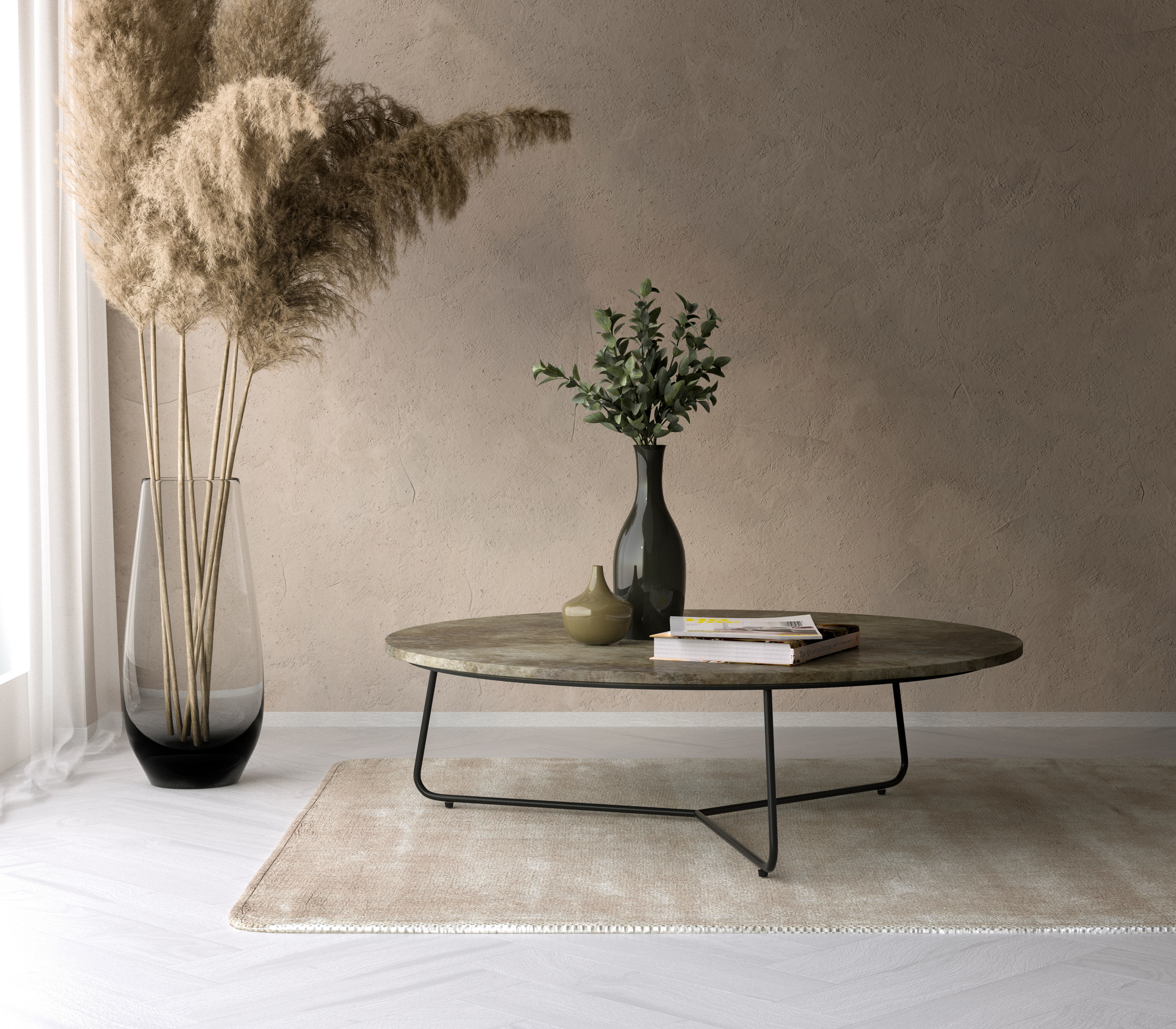 Table basse Marzo armature métal noir avec plateau de table Pietro en marbre couleur Crystal Light Emperador