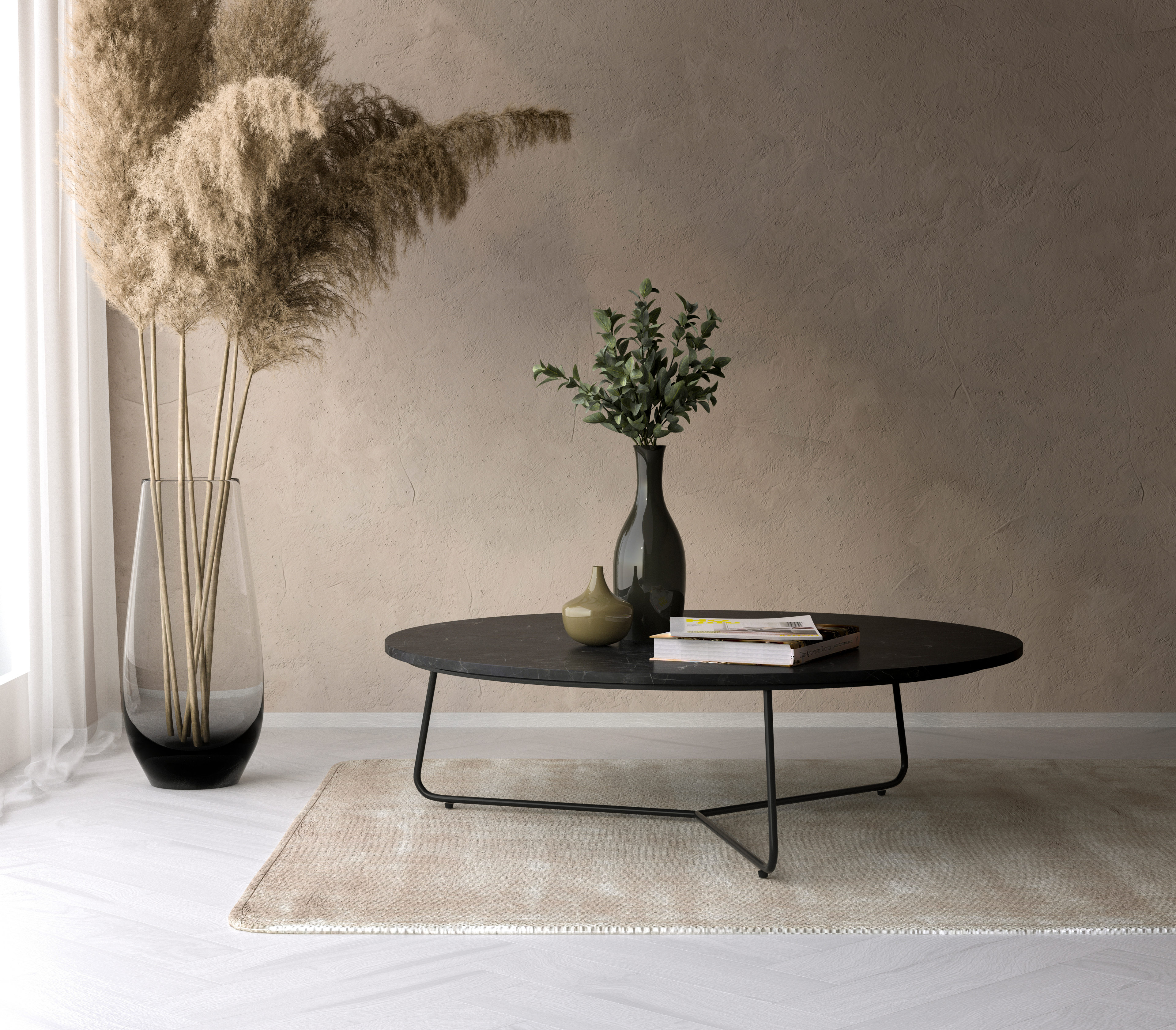 Salontafel Marzo onderstel zwart metaal met Pietro blad in marmer kleur Dark Coffee
