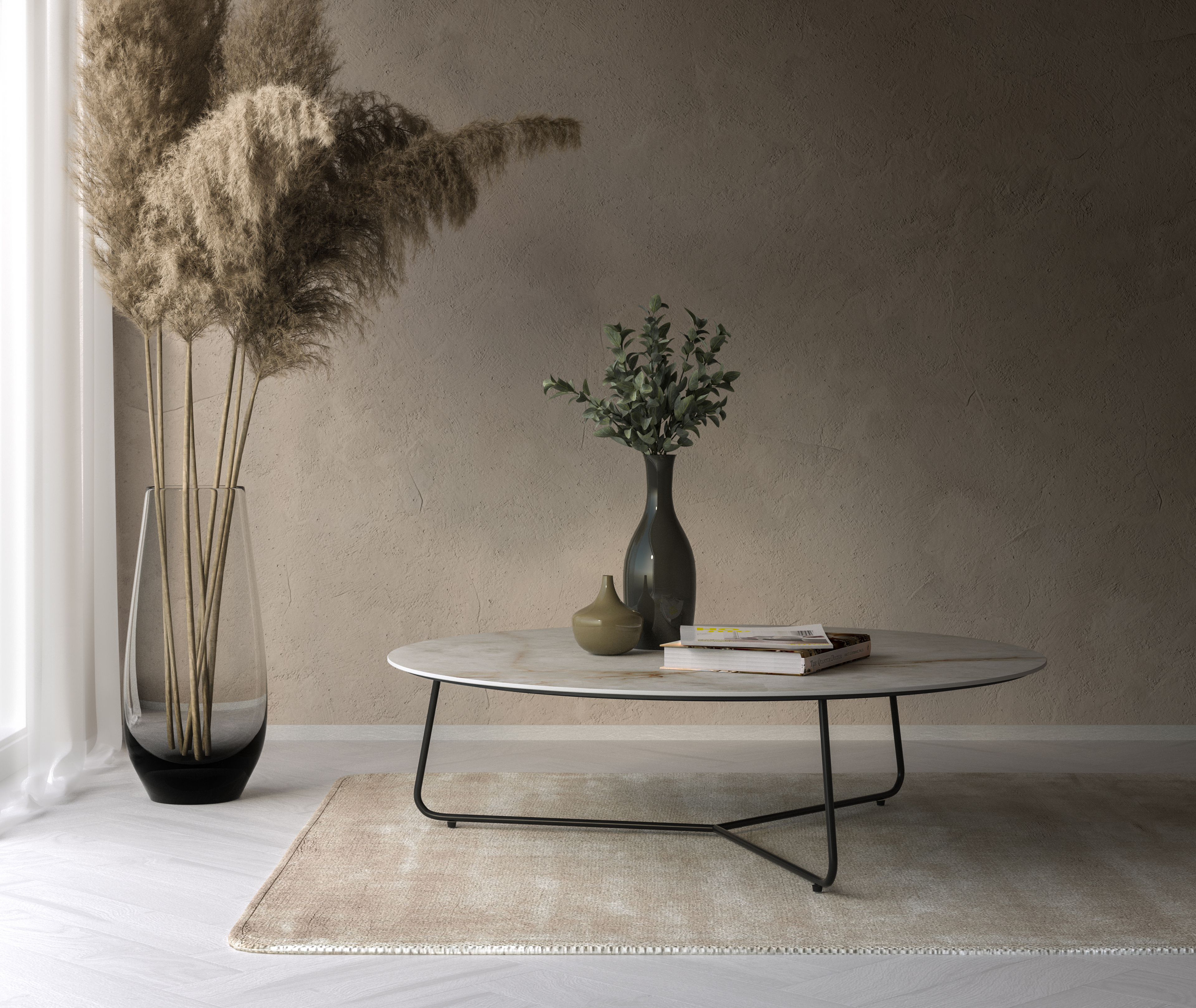 Salontafel Marzo onderstel zwart metaal met Ceramo blad keramiek in kleur Himalaya