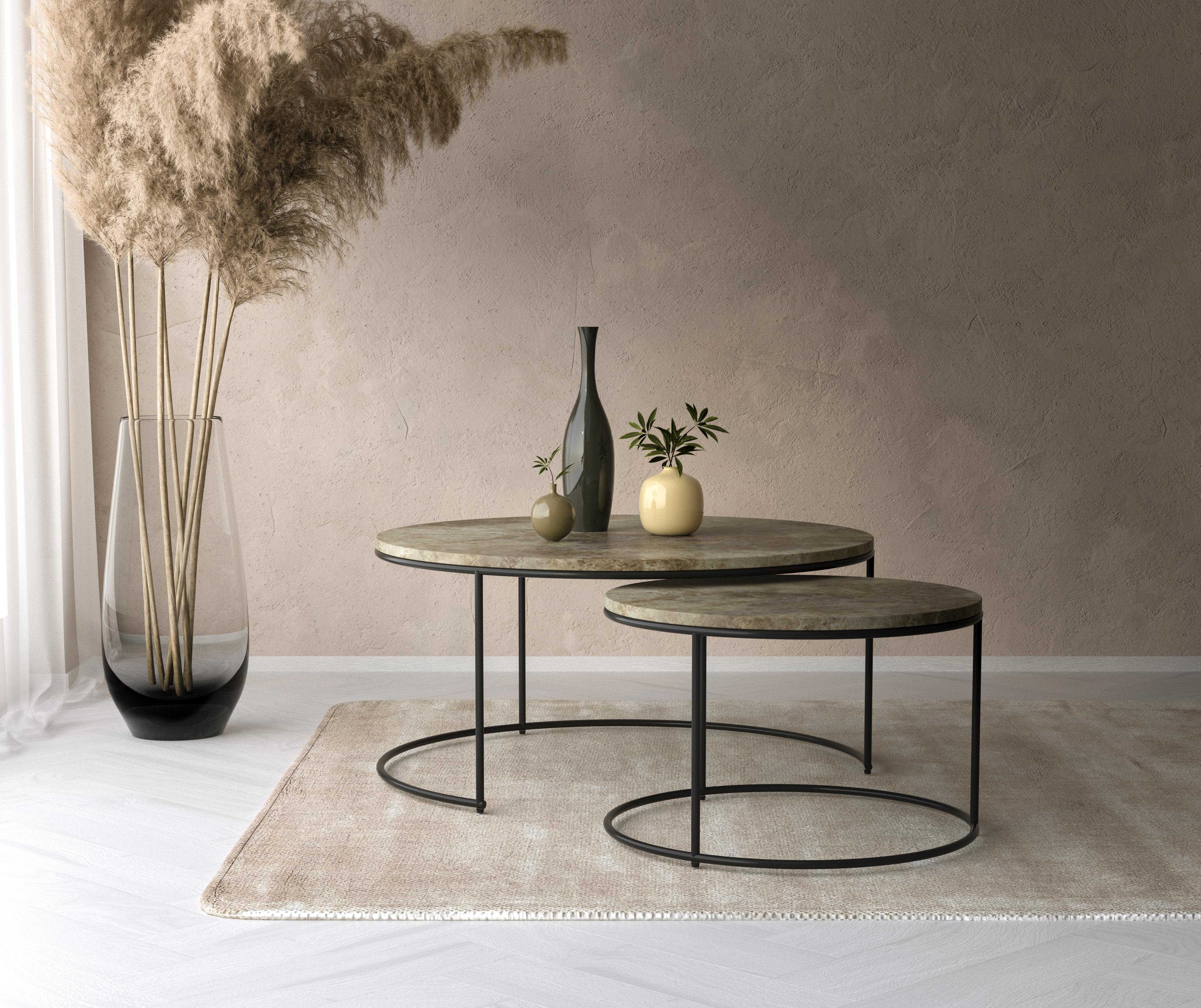 Salontafelset Juno onderstel zwart metaal met Pietro blad in marmer kleur Crystal Light Emperador