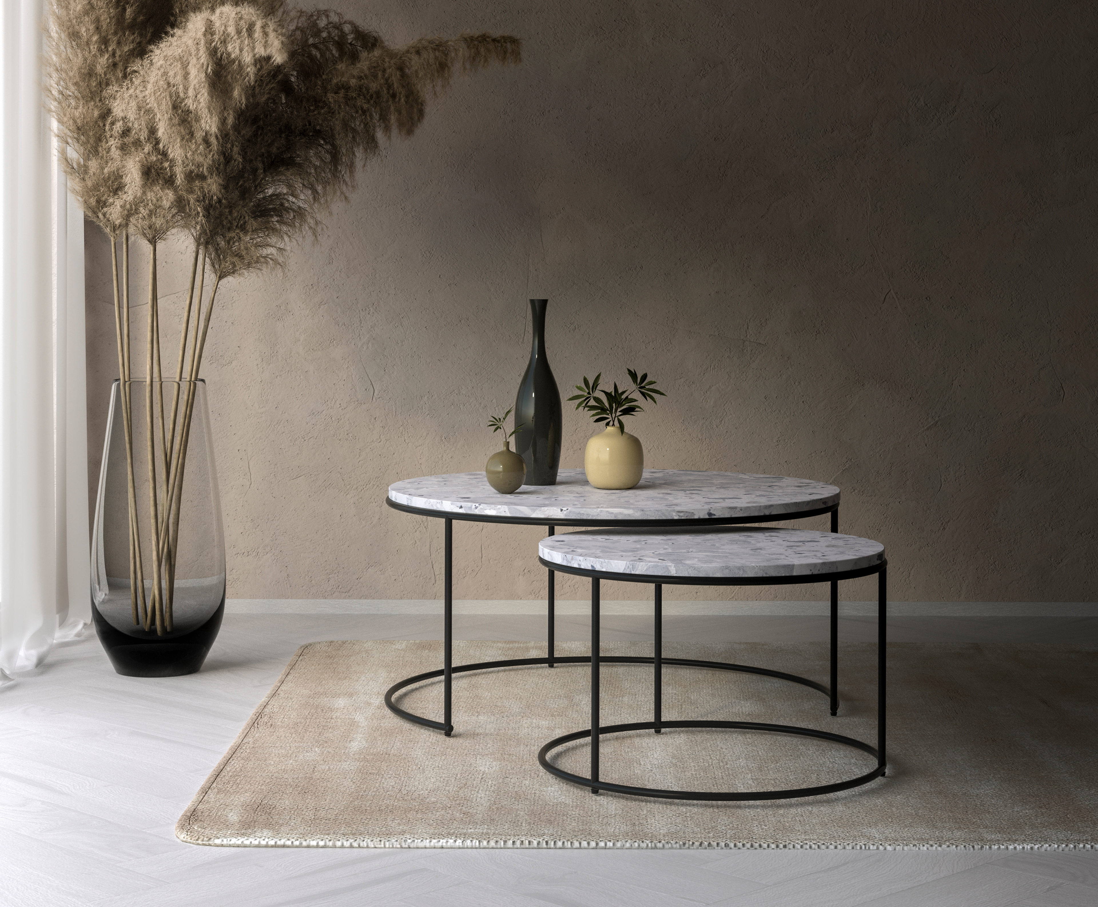 Set de tables basses Juno armature métal noir avec plateau de table Pietro en marbre couleur  Tundra Gold