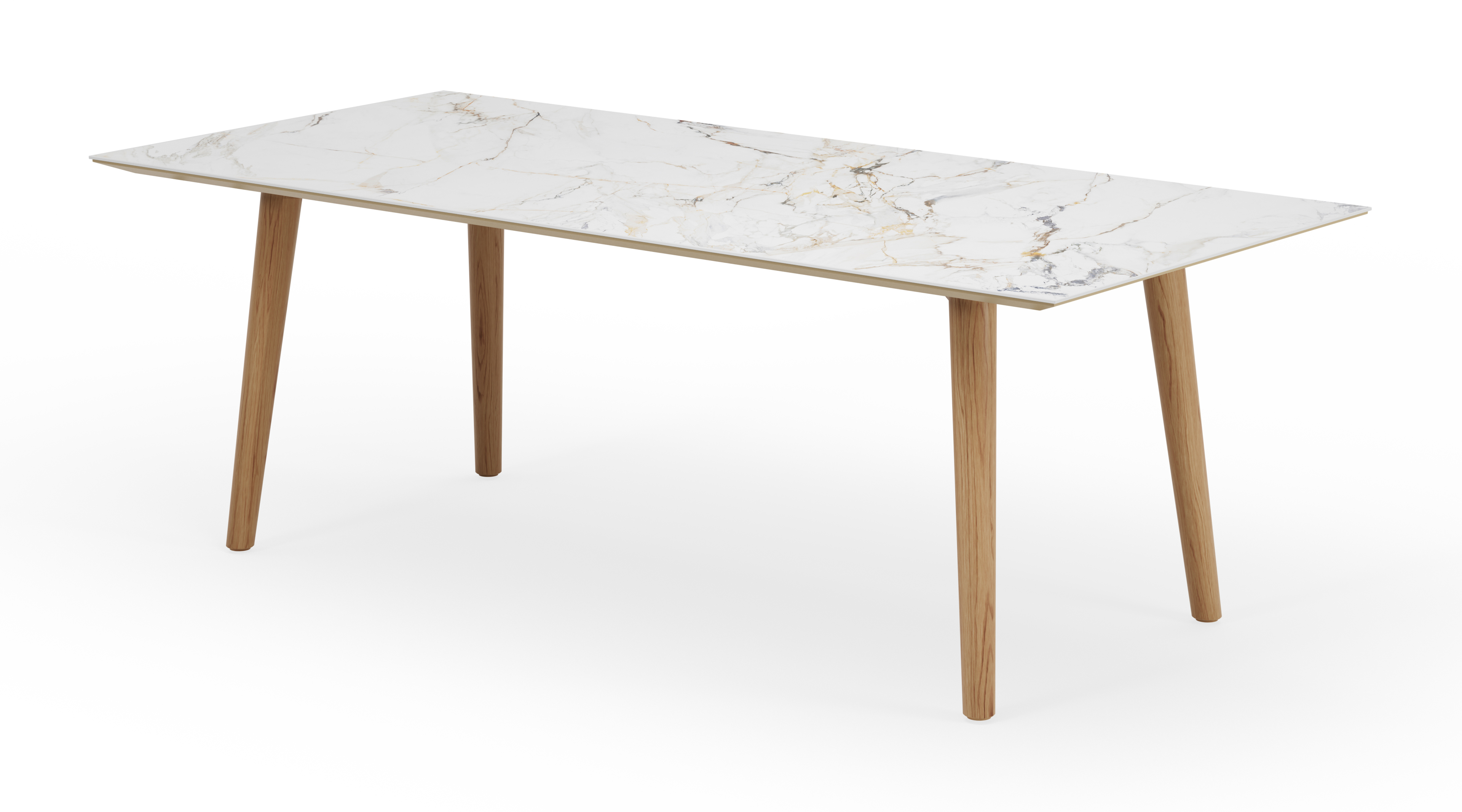 Eettafel Conico onderstel in natuurkleurige eik met rechthoekig volkeramisch Ceramo blad in kleur Calacatta Luxe 220 x 100 x 77 cm