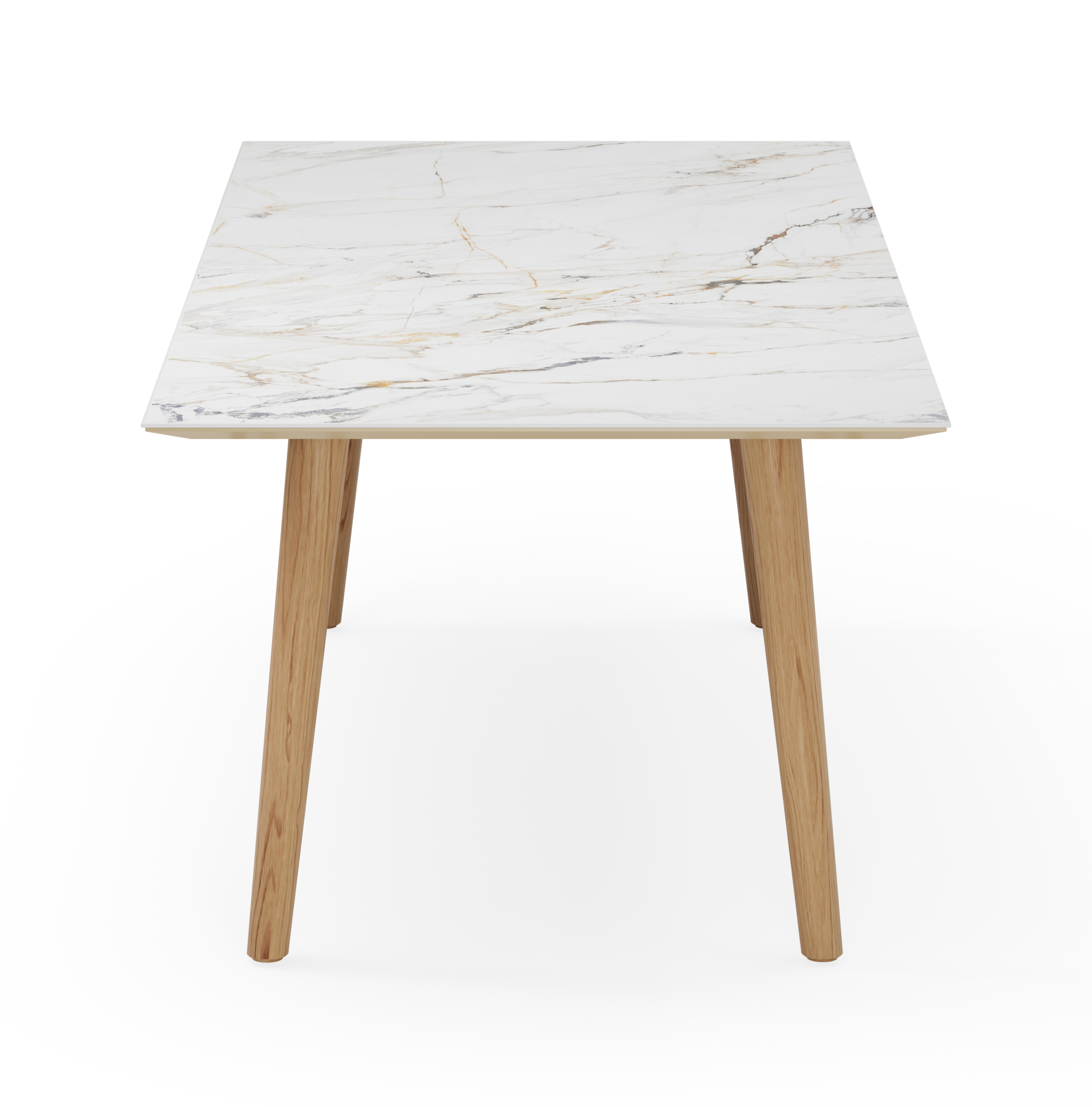 Eettafel Conico onderstel in natuurkleurige eik met rechthoekig volkeramisch Ceramo blad in kleur Calacatta Luxe 220 x 100 x 77 cm