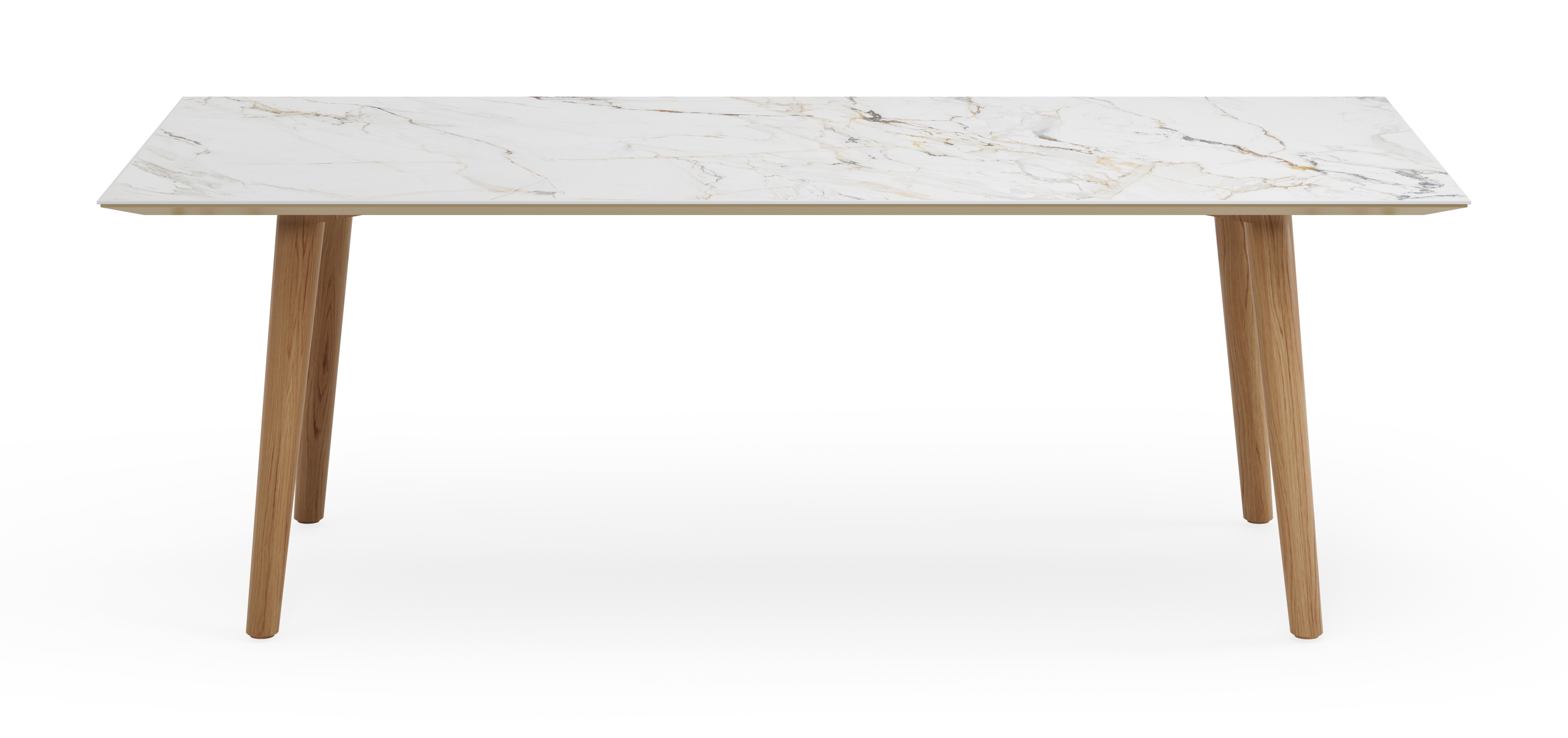 Eettafel Conico onderstel in natuurkleurige eik met rechthoekig volkeramisch Ceramo blad in kleur Calacatta Luxe 220 x 100 x 77 cm