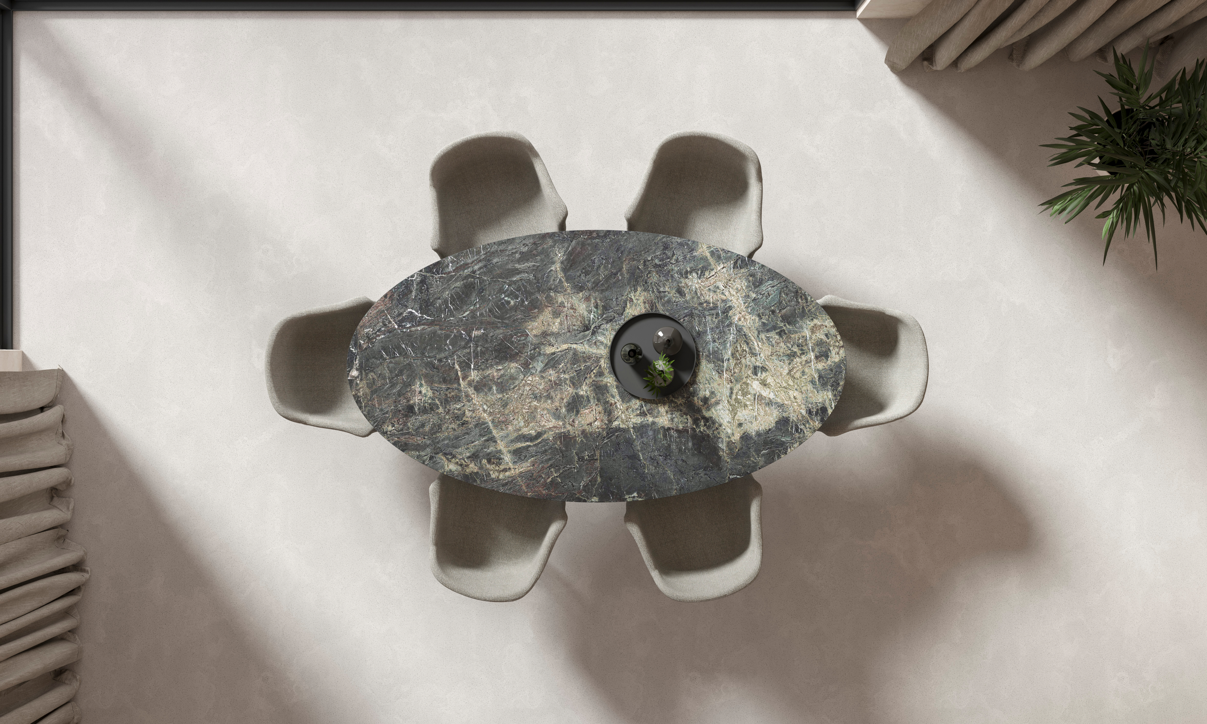 Table de salle à manger Tulipo armature en métal noir avec plateau Ceramo ovale en céramique en couleur Amazonico 220 x 120 x 77 cm