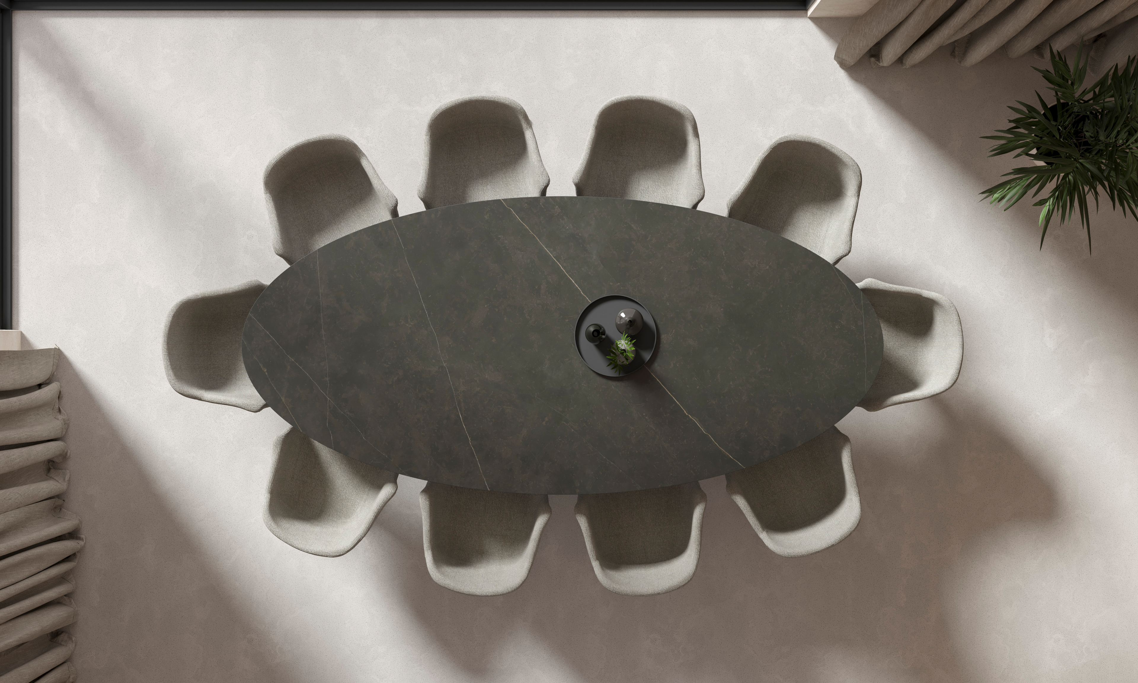 Table de salle à manger Tiendo armature en métal noir avec plateau Ceramo ovale en céramique en couleur Calatorao 300 x 140 x 77 cm
