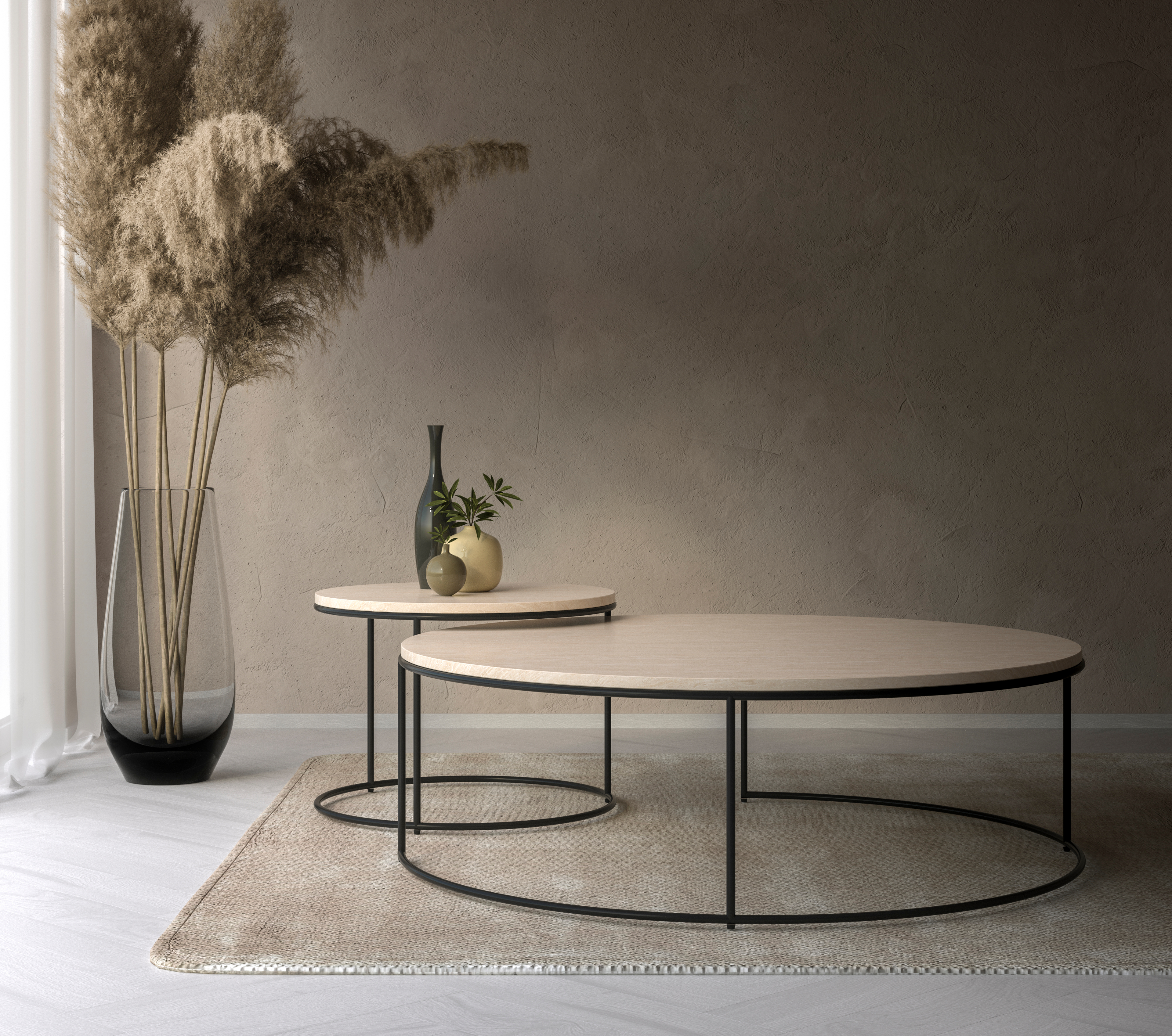 Set de tables basses Juno armature métal noir avec plateau de table Pietro en marbre couleur Travertin