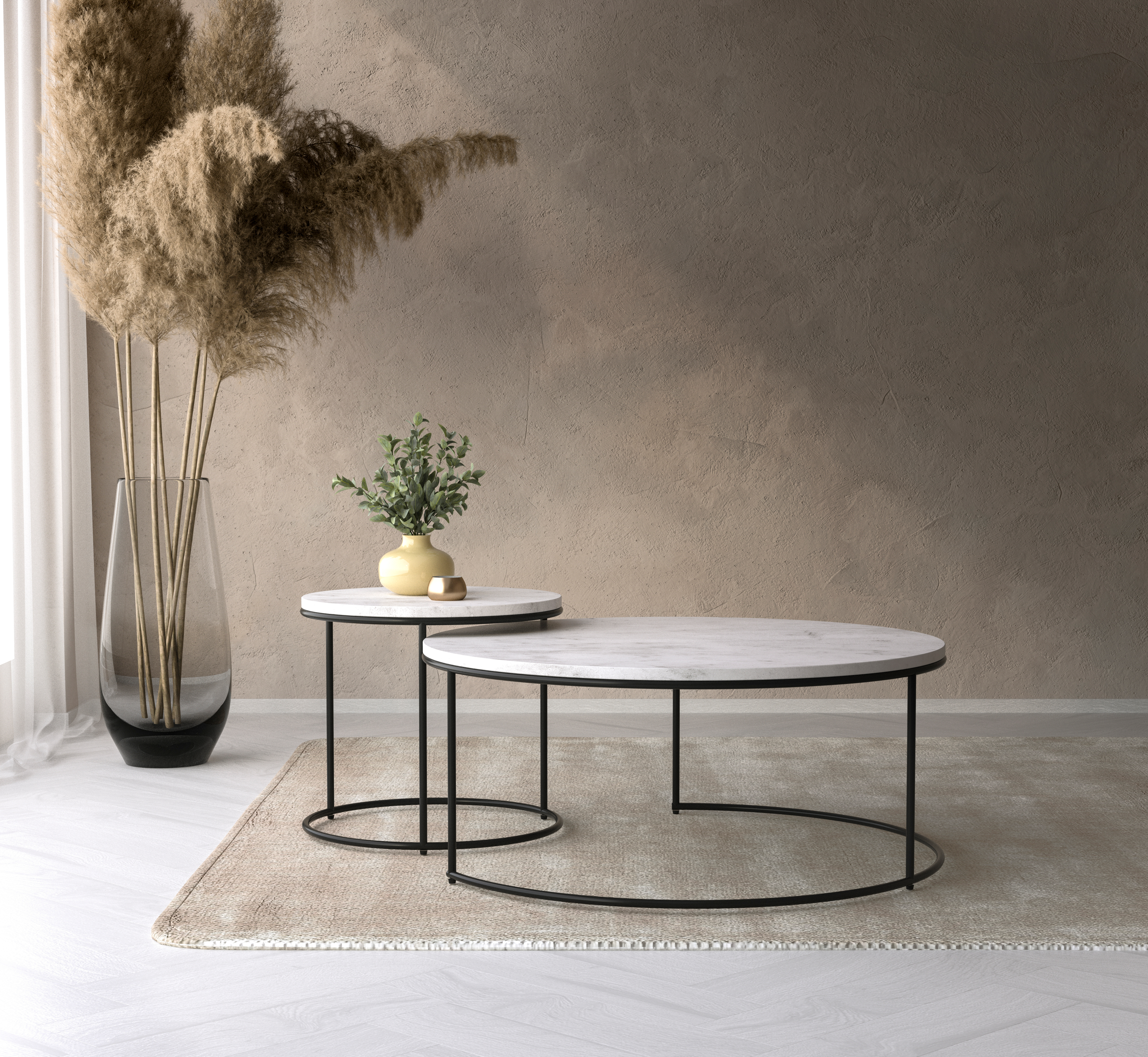 Set de tables basses Juno armature métal noir avec plateau de table Pietro en marbre couleur Bianco Carrara