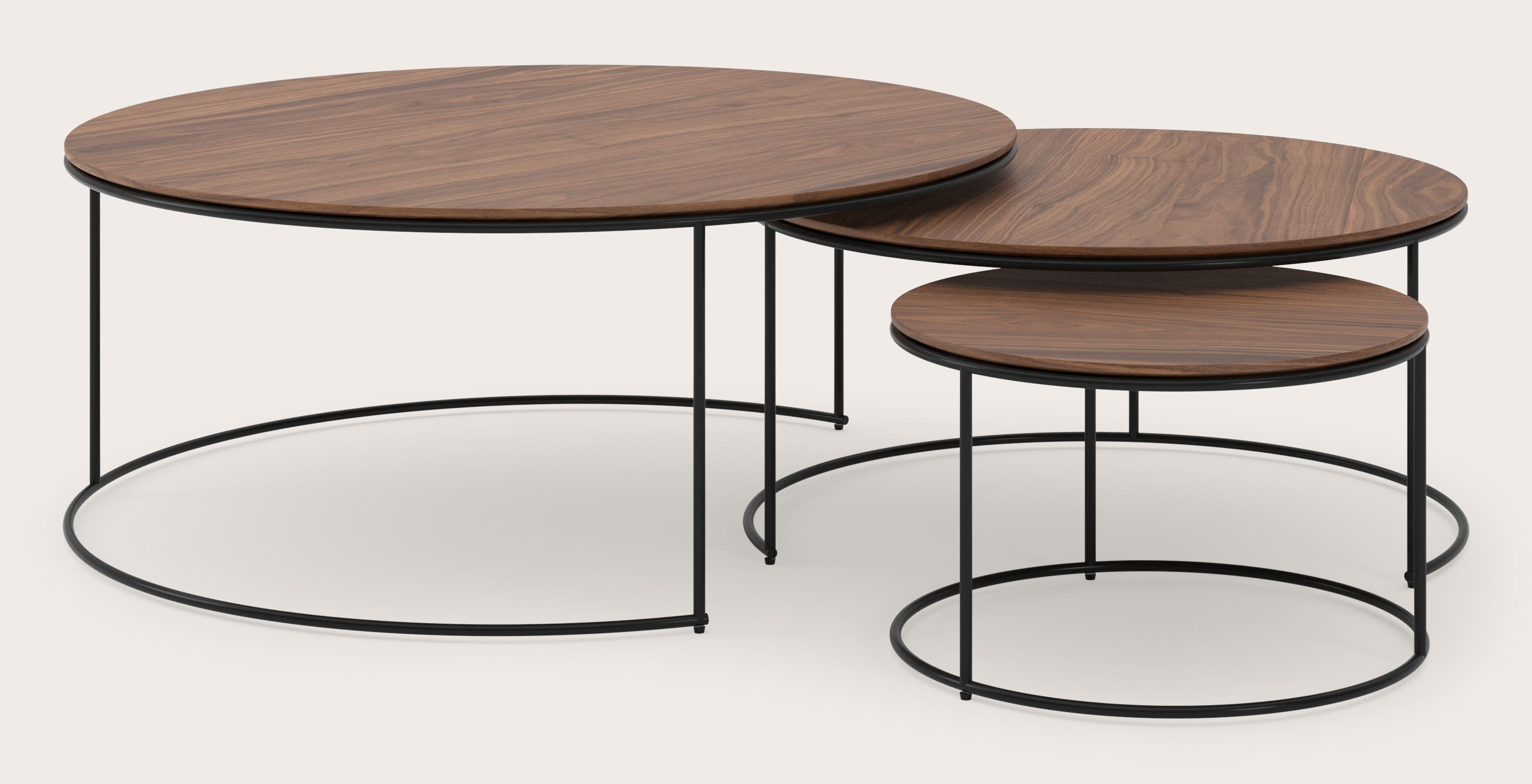 JUNO set 3 framework CT BLACK metal ROUND NEST Ø100xH40+Ø75xH36+Ø50xH32+FINESSO coffee tabletop WALNUT veneer ROUND Ø100xH1,9+FINESSO coffee tabletop WALNUT veneer ROUND Ø75xH1,9+FINESSO coffee tabletop WALNUT veneer ROUND Ø50xH1,9