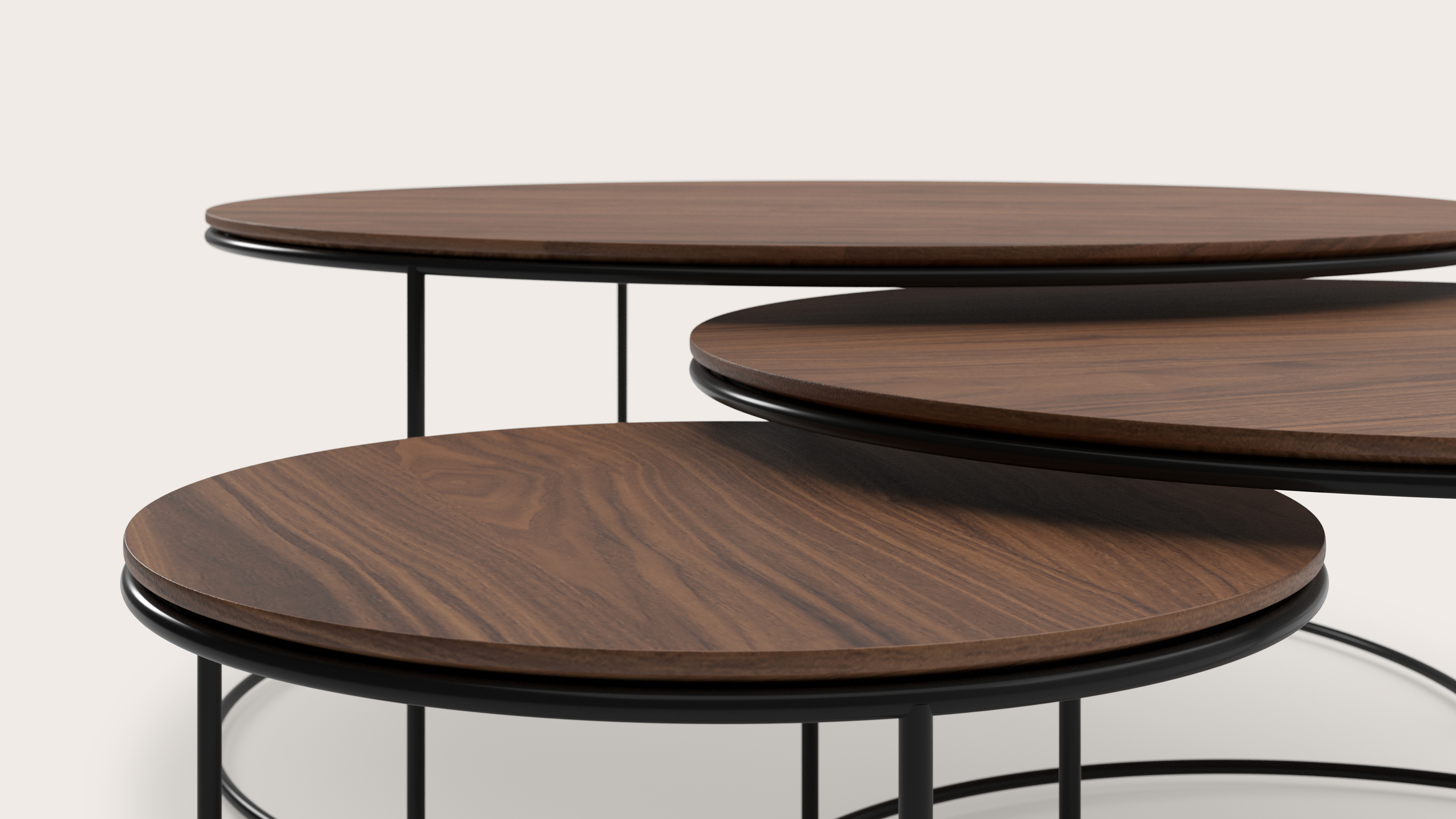JUNO set 3 framework CT BLACK metal ROUND NEST Ø100xH40+Ø75xH36+Ø50xH32+FINESSO coffee tabletop WALNUT veneer ROUND Ø100xH1,9+FINESSO coffee tabletop WALNUT veneer ROUND Ø75xH1,9+FINESSO coffee tabletop WALNUT veneer ROUND Ø50xH1,9