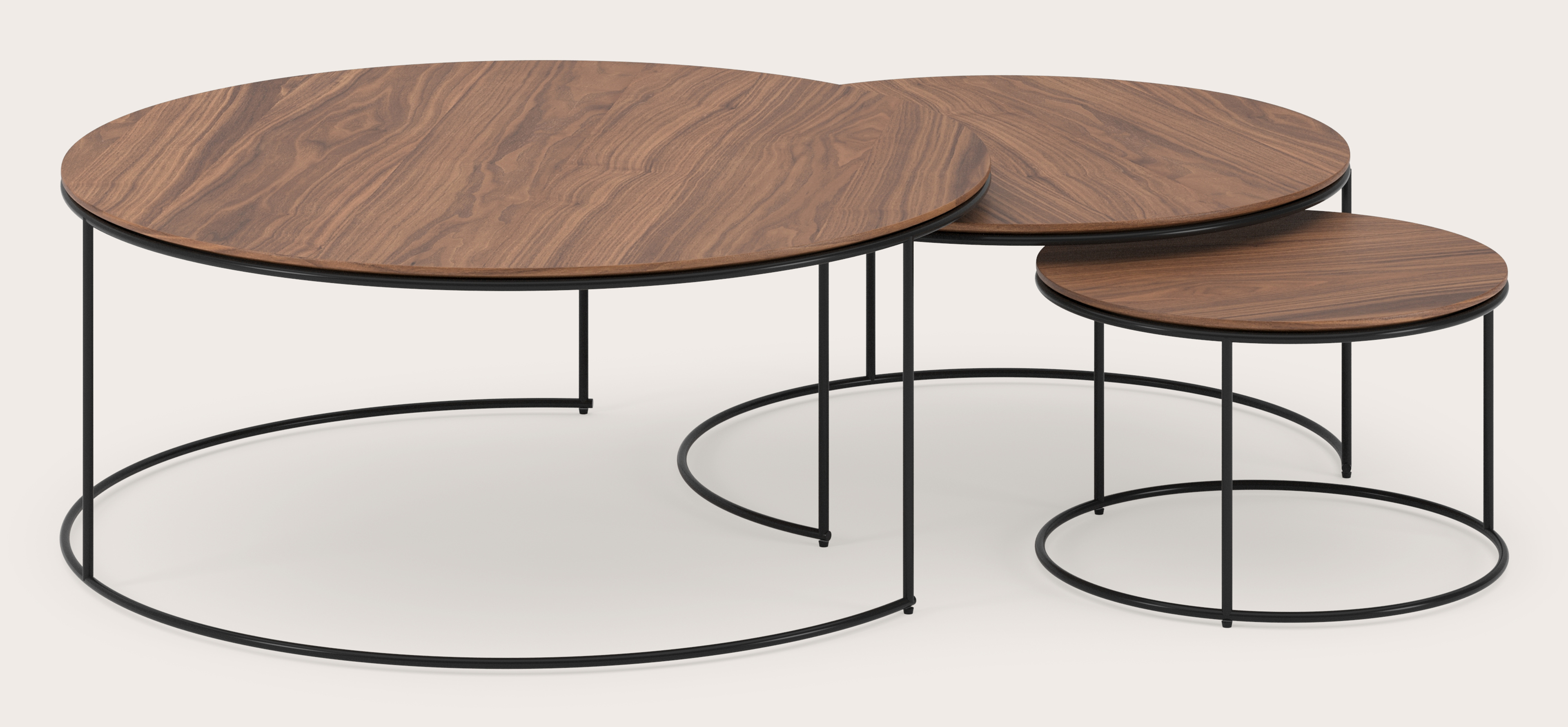 JUNO set 3 framework CT BLACK metal ROUND NEST Ø100xH40+Ø75xH36+Ø50xH32+FINESSO coffee tabletop WALNUT veneer ROUND Ø100xH1,9+FINESSO coffee tabletop WALNUT veneer ROUND Ø75xH1,9+FINESSO coffee tabletop WALNUT veneer ROUND Ø50xH1,9