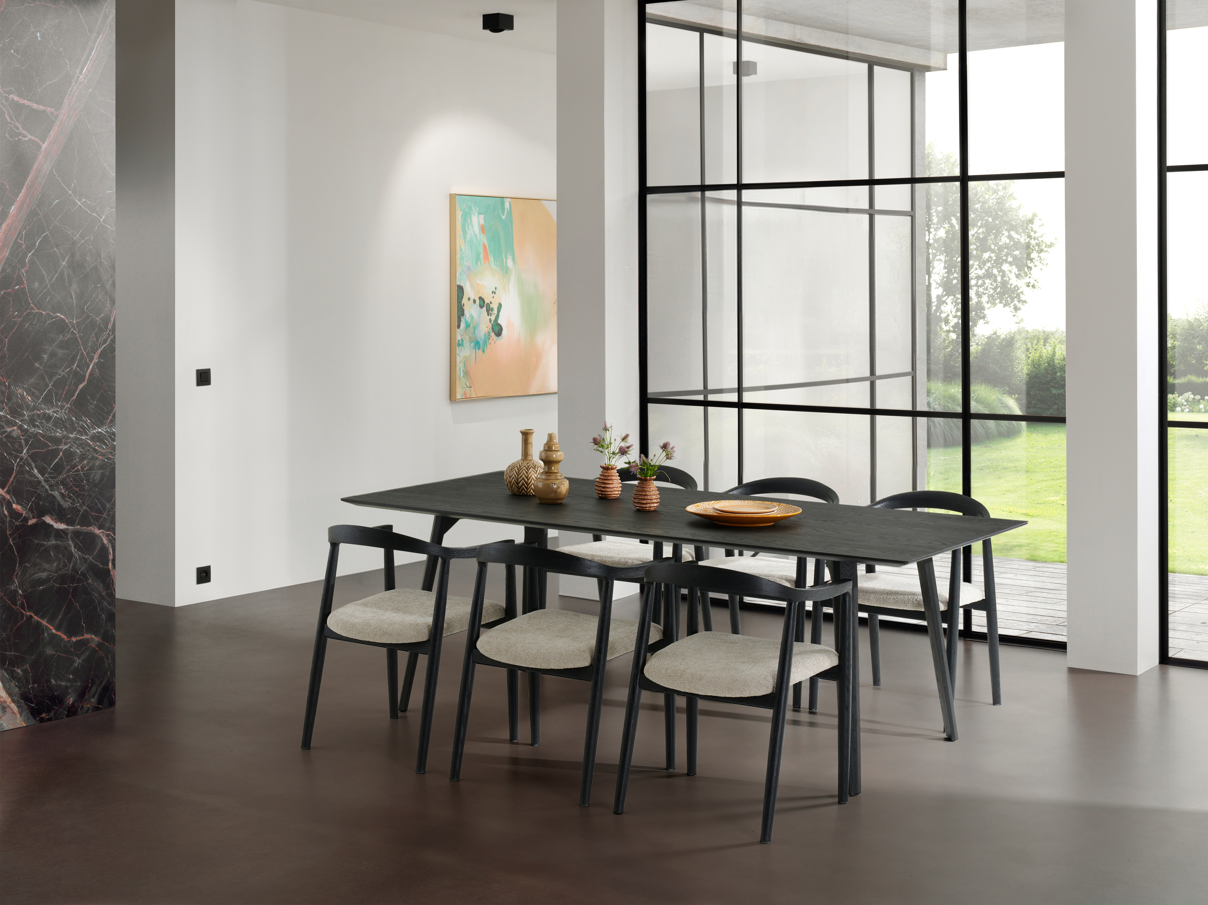 Eettafel Clino onderstel in zwarte eik met rechthoekig Finesso blad in zwarte eik 220 x 100 x 77 cm