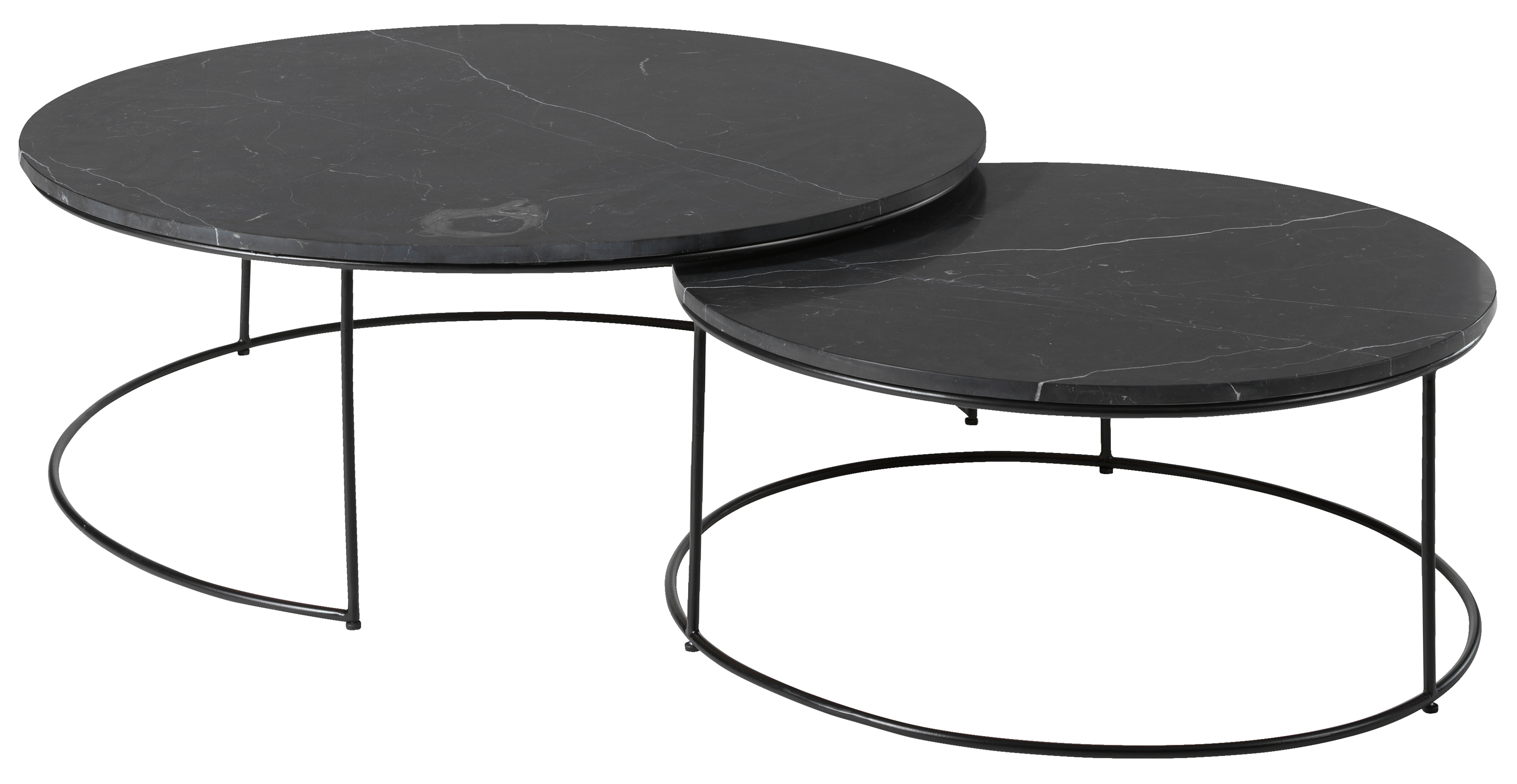 Set de tables basses Juno armature métal noir avec plateau de table Pietro en marbre couleur Nero Marquina