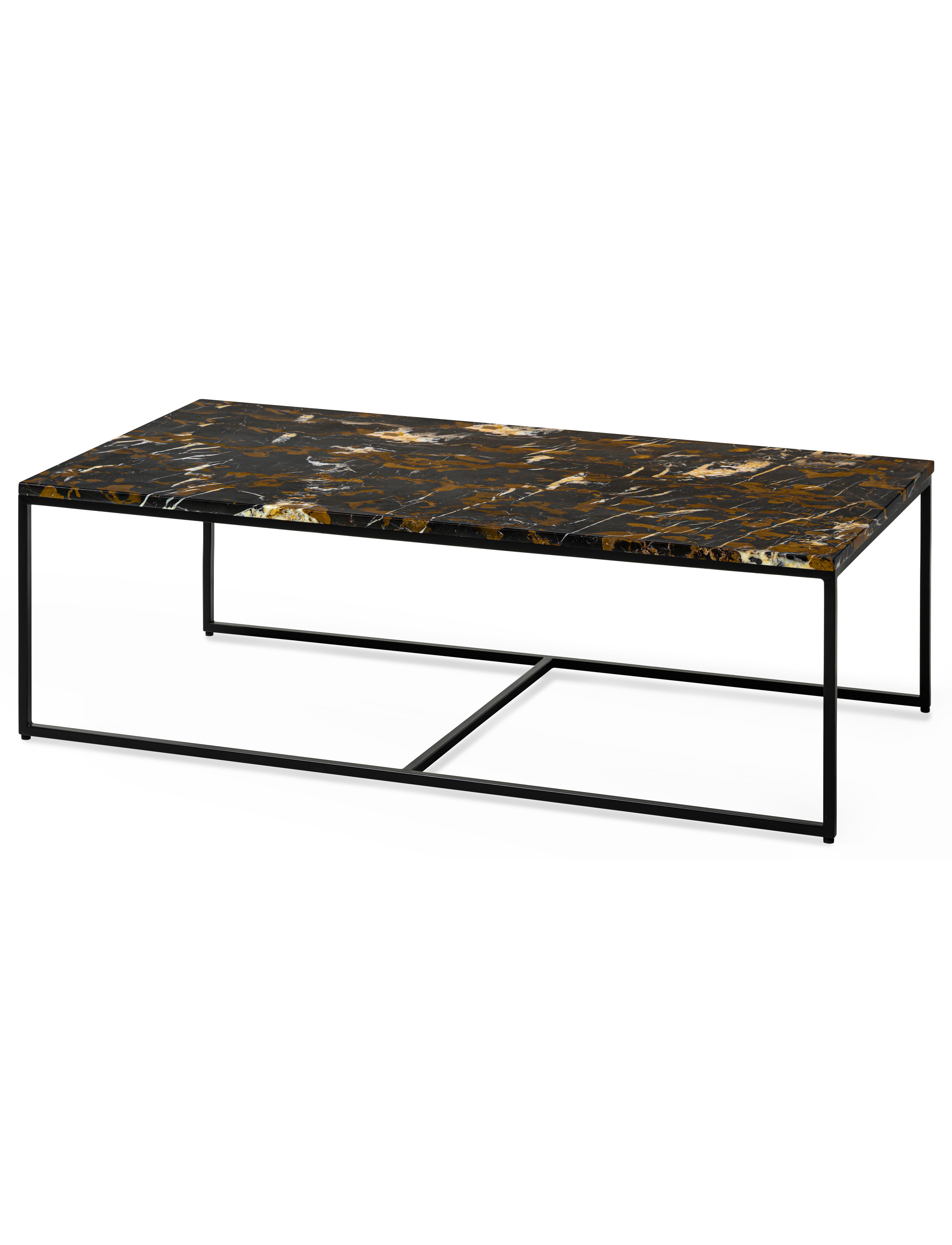 Salontafel Kubo onderstel zwart metaal met Pietro blad in marmer kleur Portoro Brown