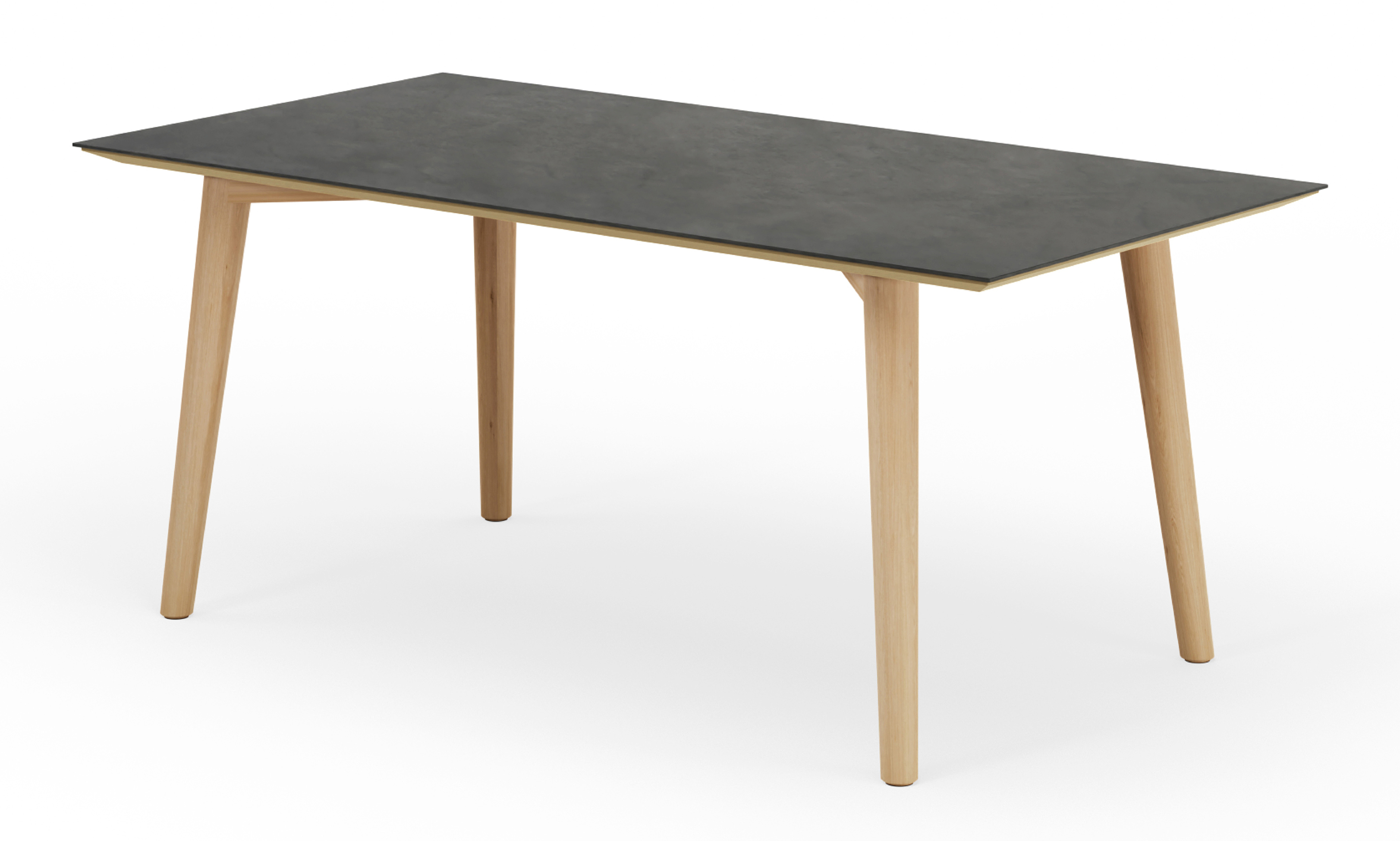 Eettafel Conico onderstel in natuurkleurige eik met rechthoekig volkeramisch Ceramo blad in kleur Basalt Black 180 x 90 x 77 cm