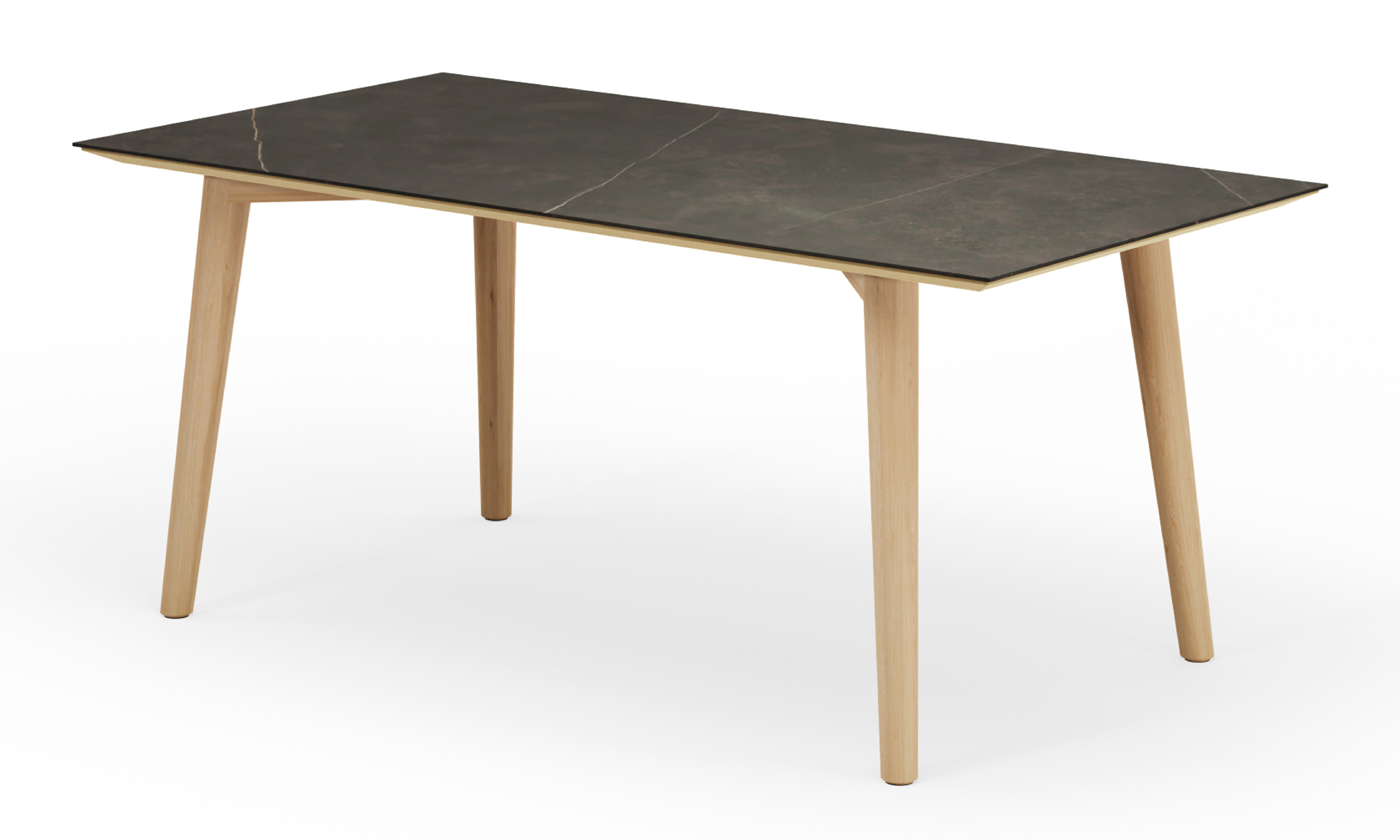Eettafel Conico onderstel in natuurkleurige eik met rechthoekig volkeramisch Ceramo blad in kleur Calatorao 180 x 90 x 77 cm