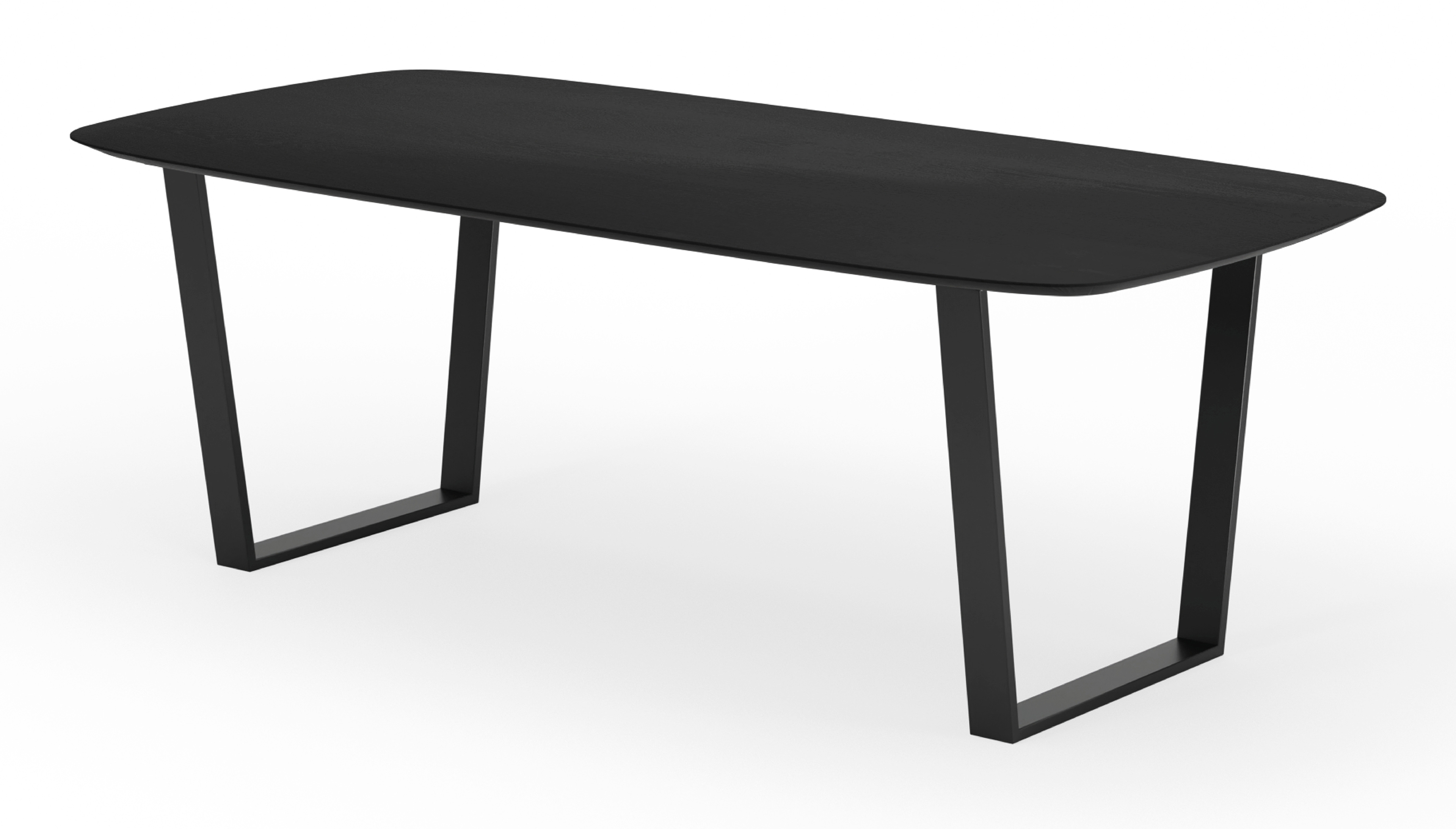 Eettafel Novaro onderstel in zwart metaal met bootvormig Finesso blad in zwarte eik 220 x 105 x 77 cm