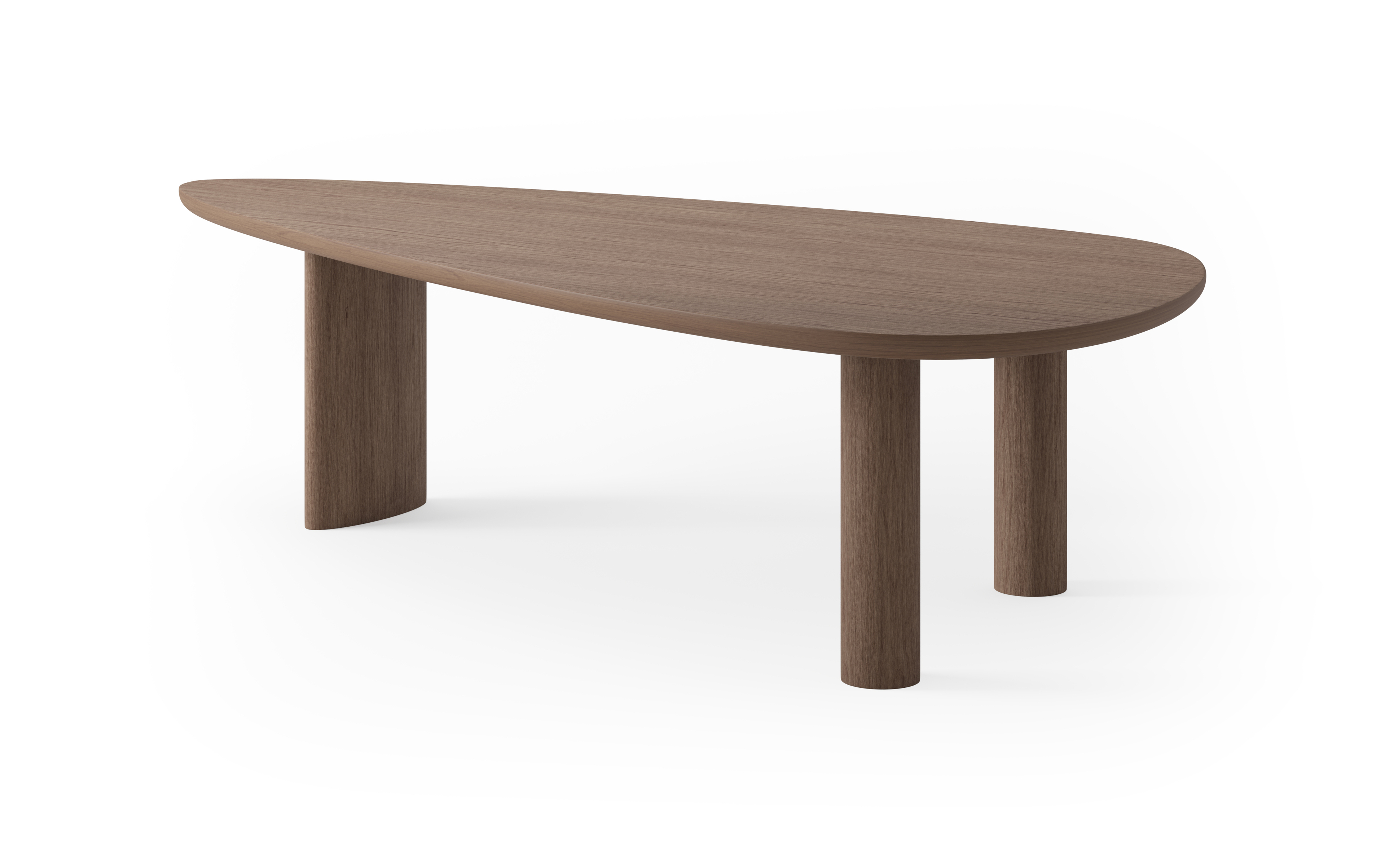 Eettafel Amato Ellipso/Rondo onderstel met plectrumvormig Amato blad in walnoot 300 x 155 x 79 cm