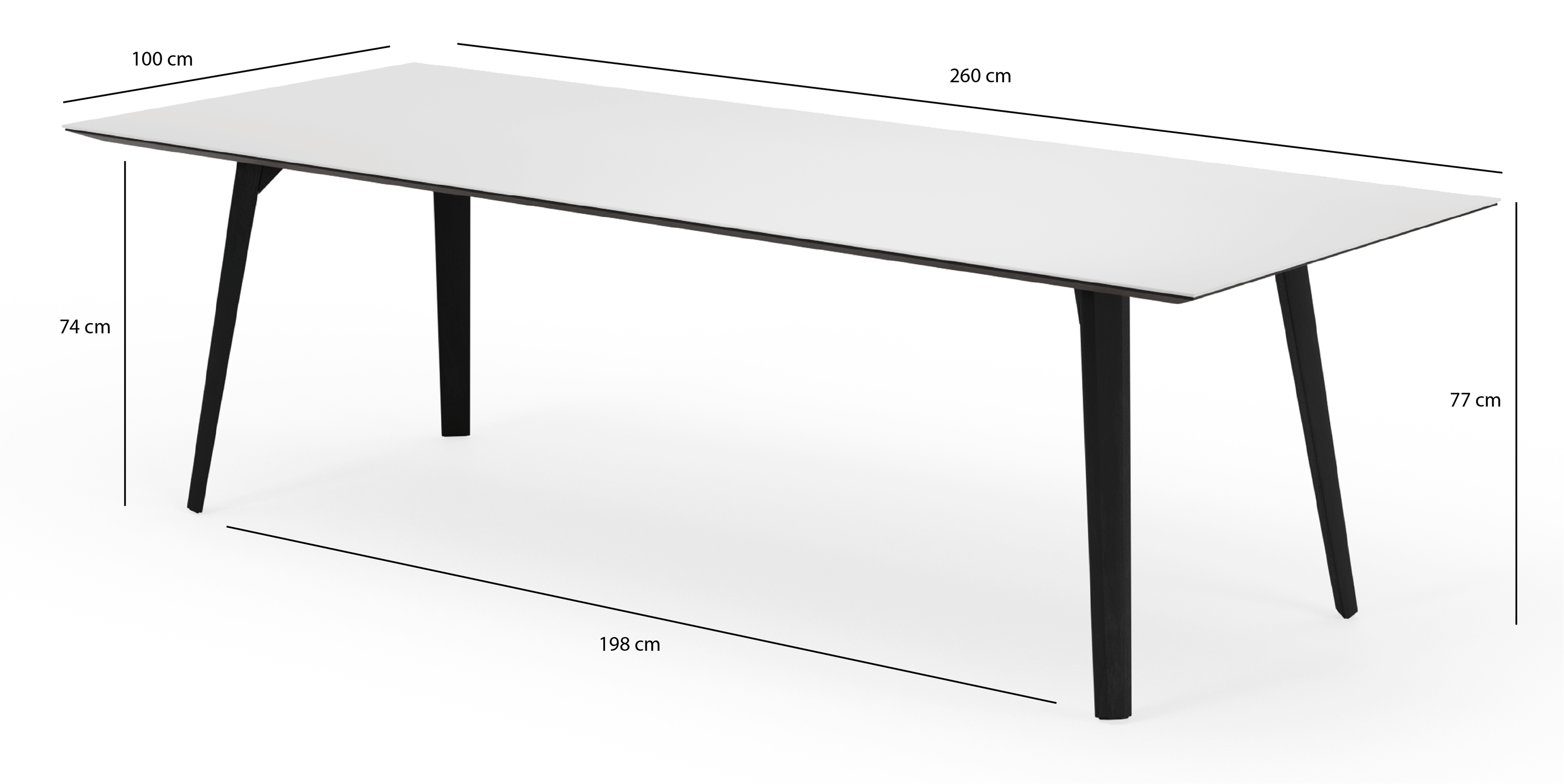Eettafel Clino onderstel in zwarte eik met rechthoekig volkeramisch Ceramo blad in kleur Arctic White 260 x 100 x 77 cm