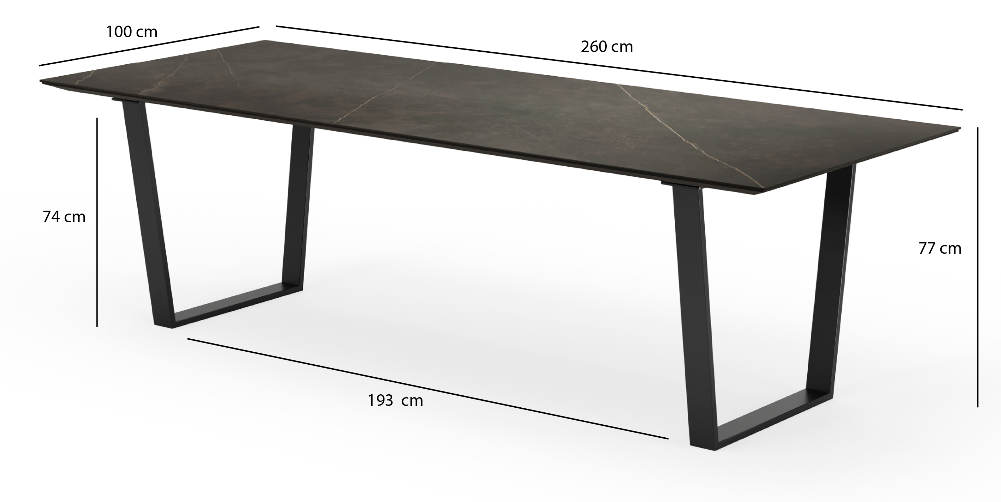 Eettafel Novaro onderstel in zwart metaal met rechthoekig volkeramisch Ceramo blad in kleur Calatorao 260 x 100 x 77 cm
