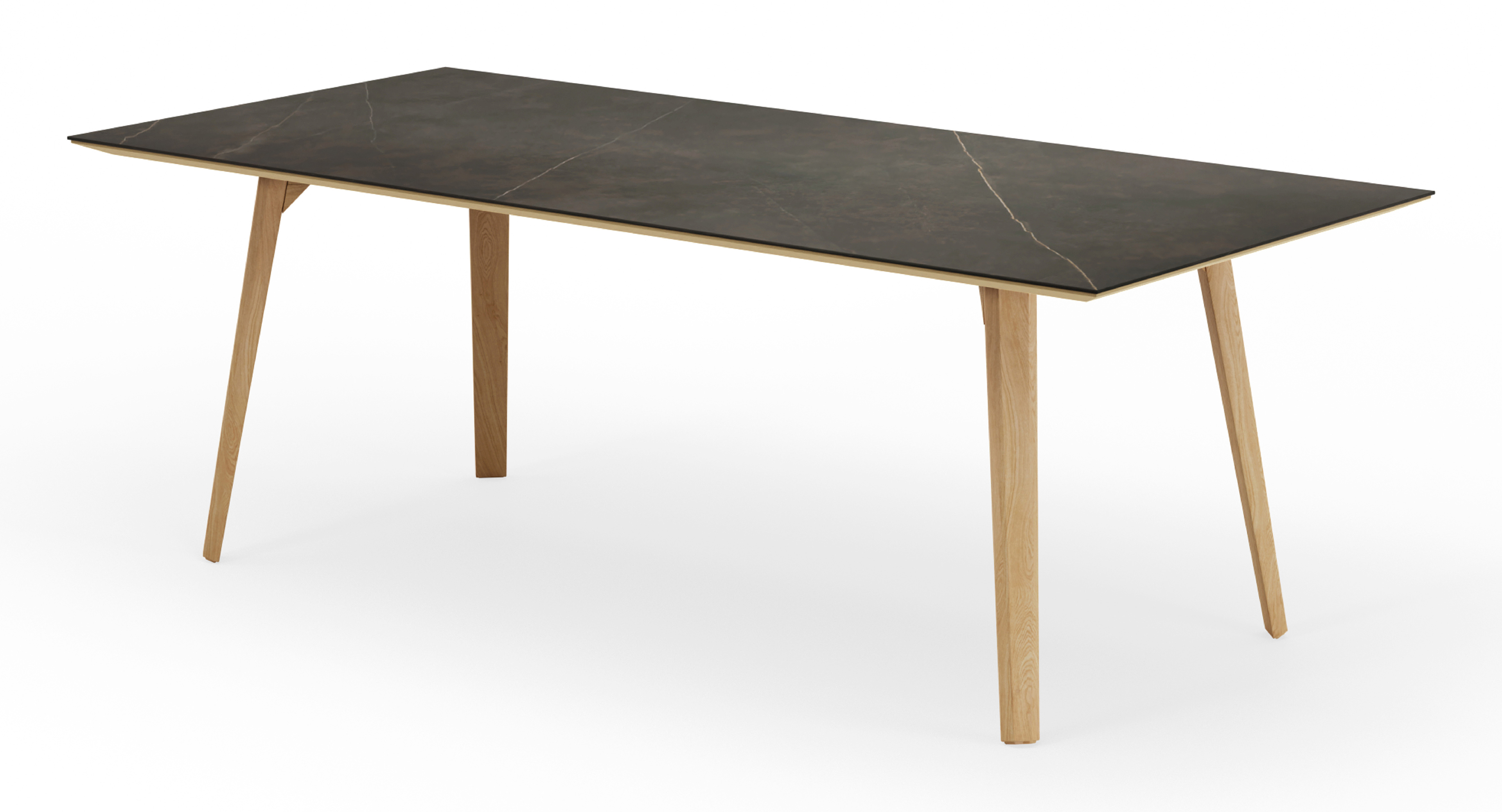 Eettafel Clino onderstel in natuurkleurige eik met rechthoekig volkeramisch Ceramo blad in kleur Calatorao 220 x 100 x 77 cm