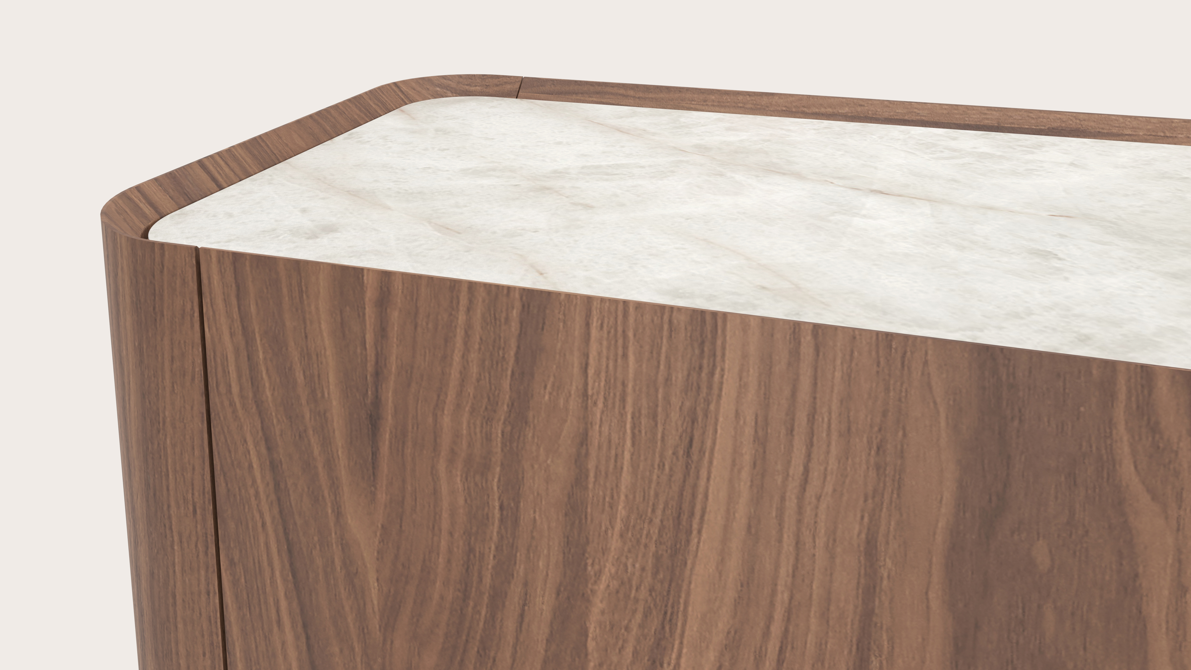 Curvato tv-meubel in walnoot met ronde houten poten met volkeramisch Ceramo blad in kleur Himalaya 219 x 45 x 44 cm