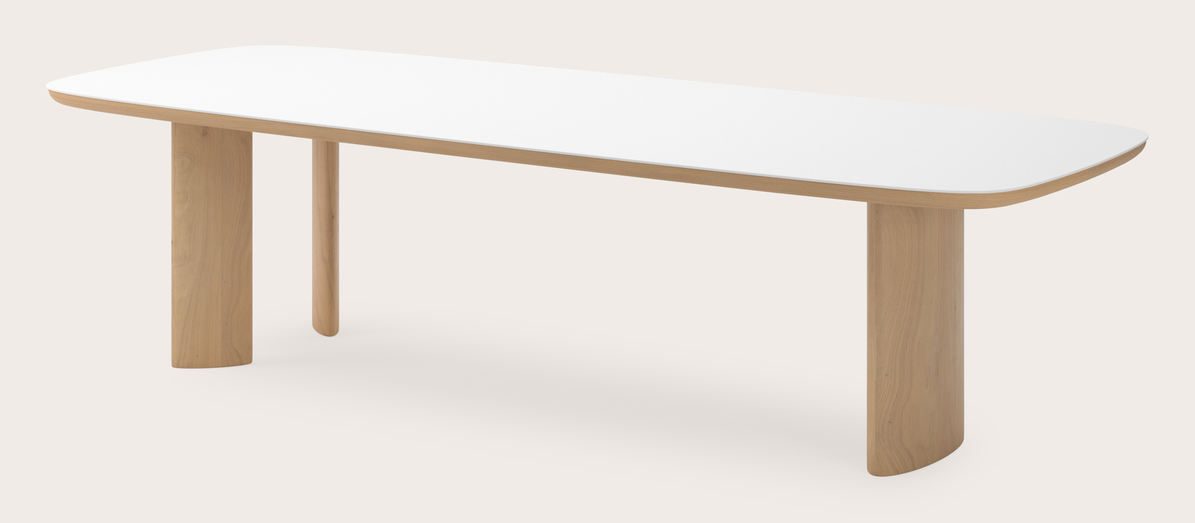 Table de salle à manger Amato Ellipso armature en chêne couleur naturelleavec plateau Ceramo forme arrondie en céramique en couleur Arctic White 300 x 115 x 76 cm