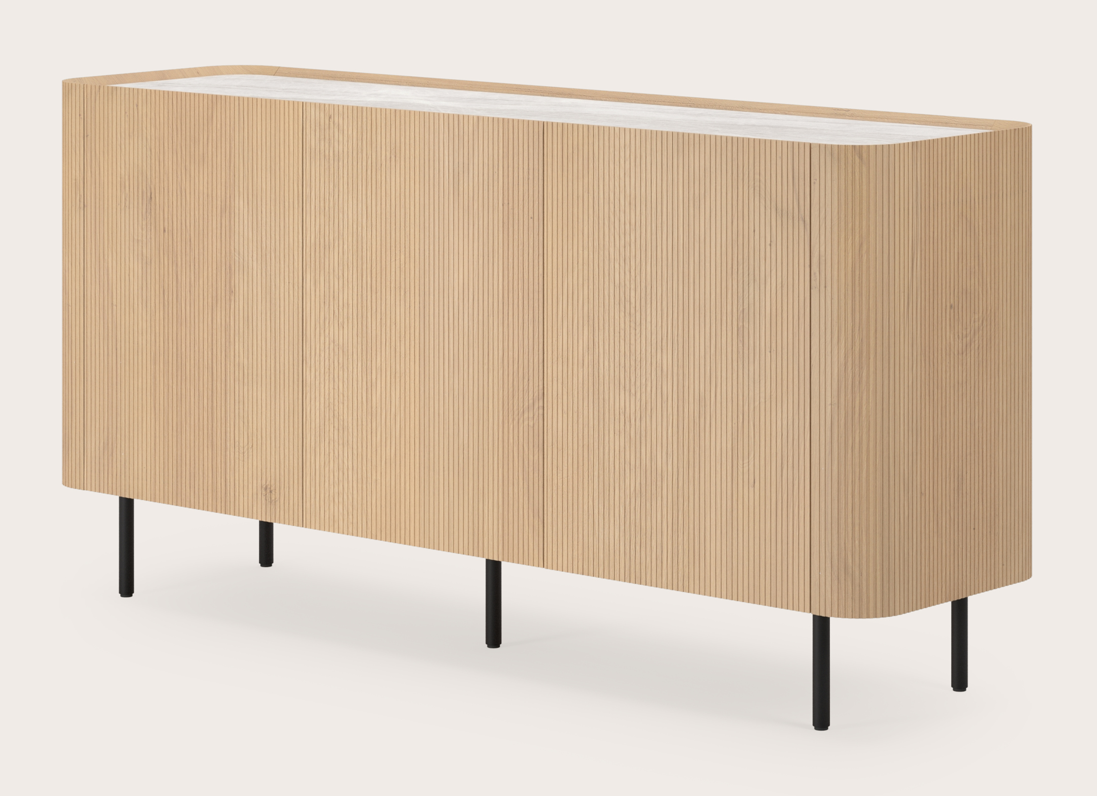 Grivato dressoir in natuurkleurige eik met ronde poten met volkeramisch Ceramo blad in kleur Taj Mahal 169 x 45 cm
