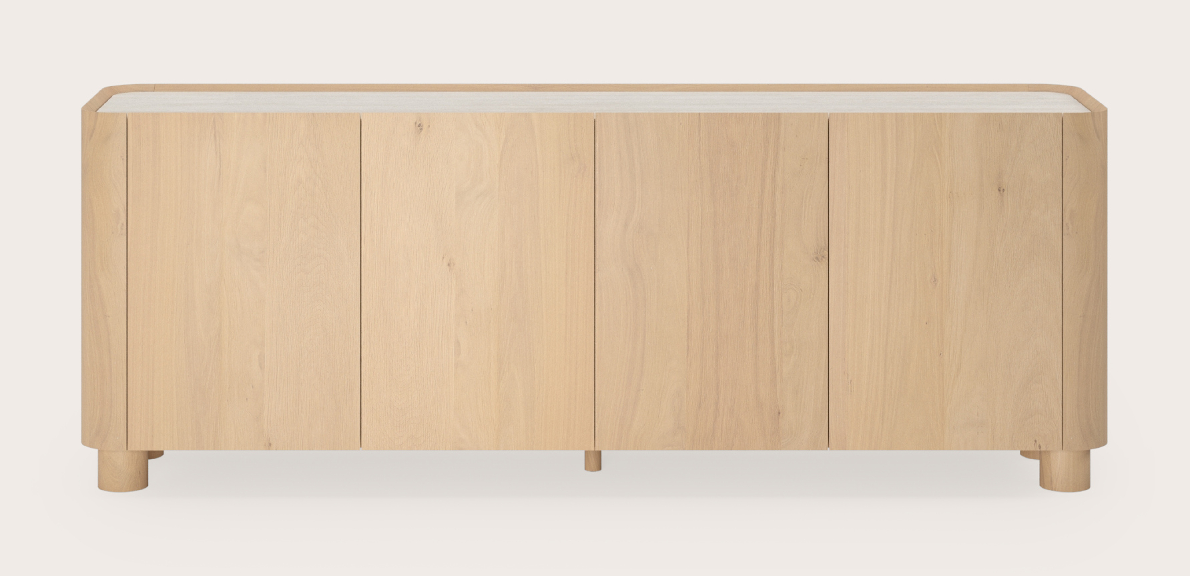 Curvato dressoir in natuurkleurige eik met ronde houten poten met volkeramisch Ceramo blad in kleur Travertino Bianco 203 x 45 x 76 cm