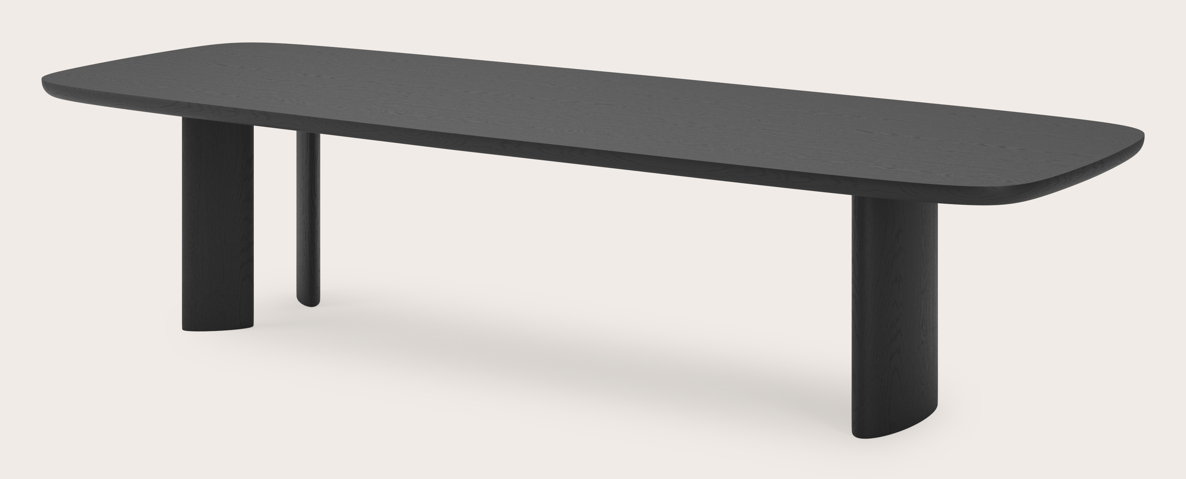 Eettafel Amato Ellipso onderstel met bootvormig Amato blad in zwarte eik 340 x 120 x 79 cm
